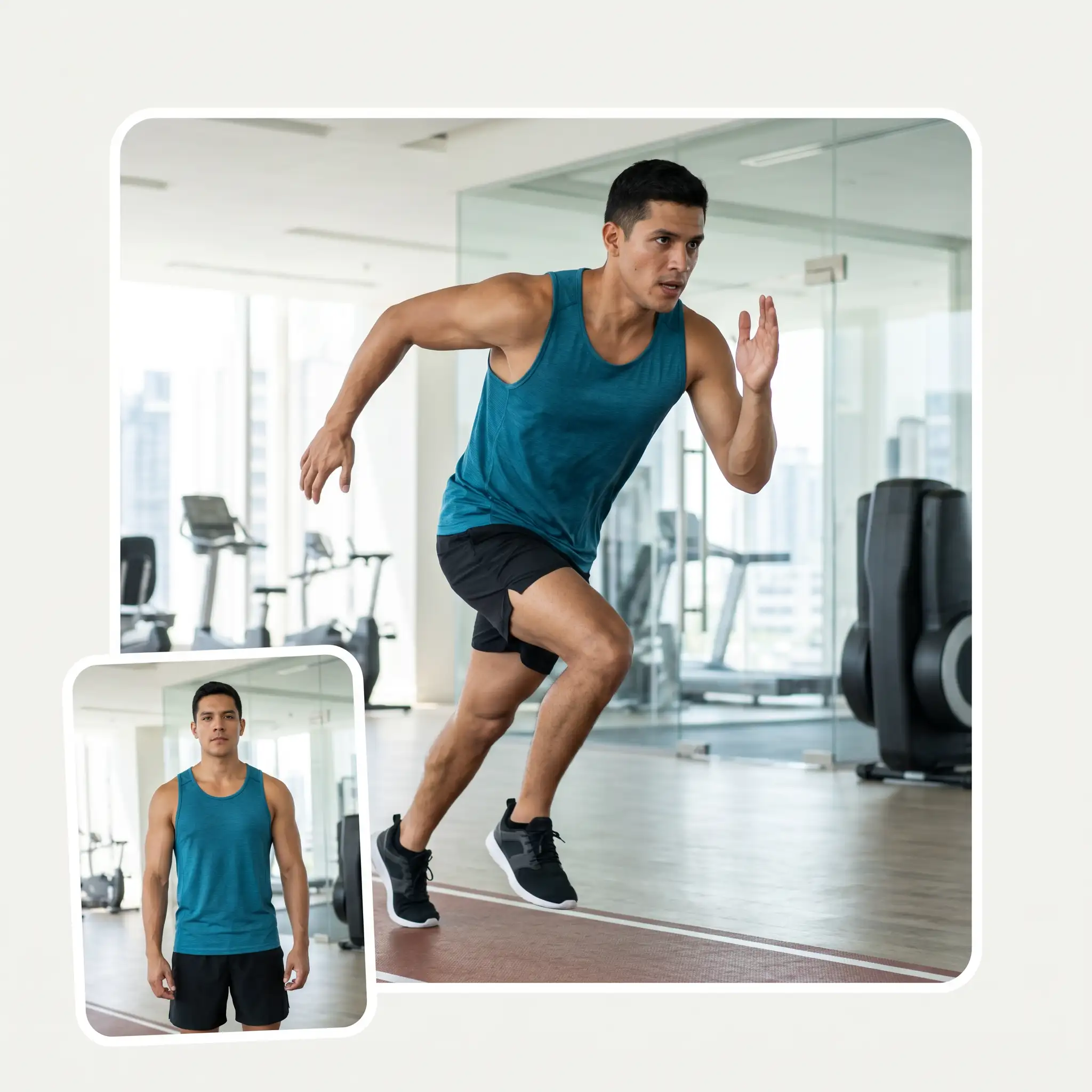 AI pose generator creating a dynamic mid-motion running pose from a still gym photo