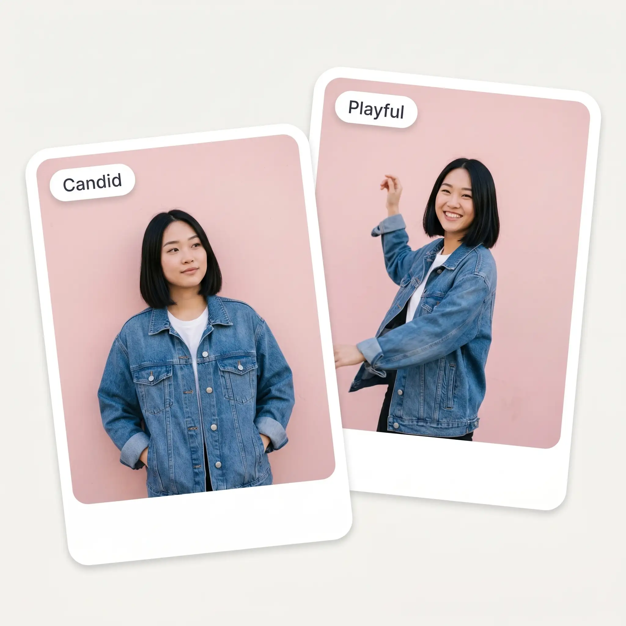 AI pose generator showing the same person in candid and playful poses for social media