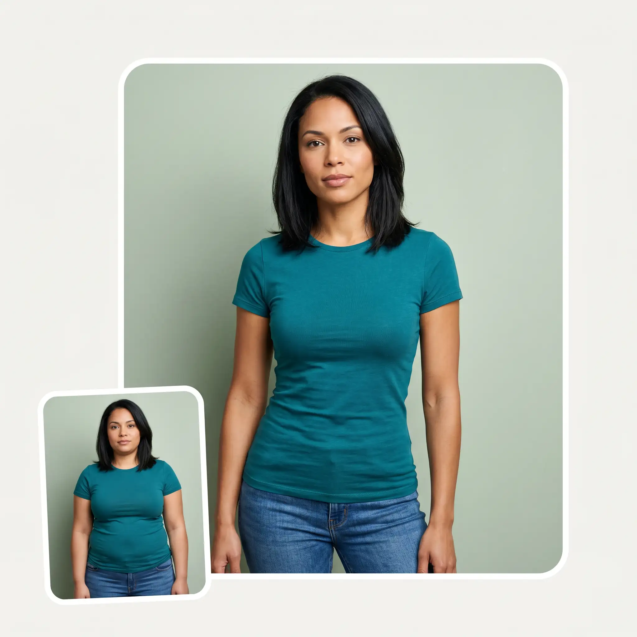 AI skinny filter slimming a woman to a leaner toned figure while keeping the same face, outfit, and background