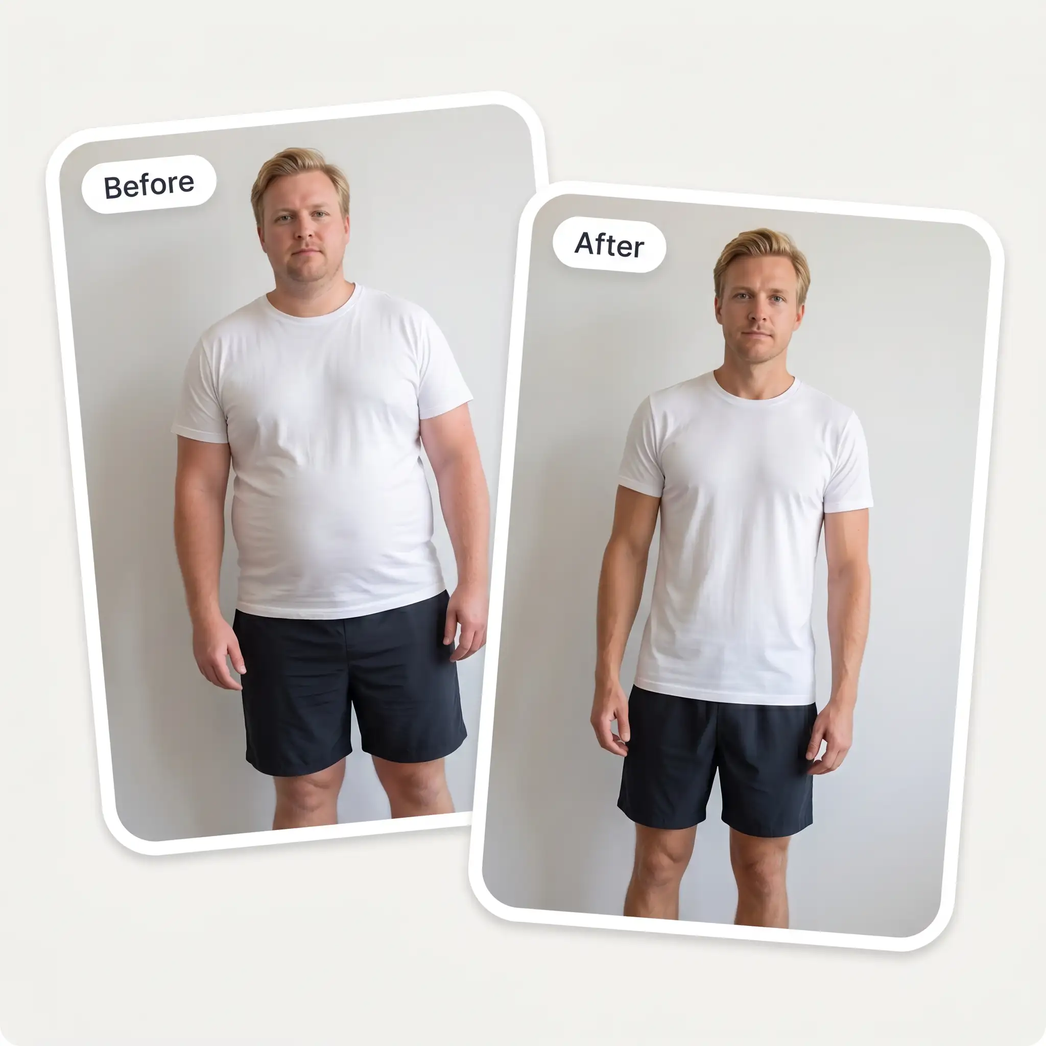 AI skinny filter before and after full-body weight-loss comparison of the same man in the same outfit