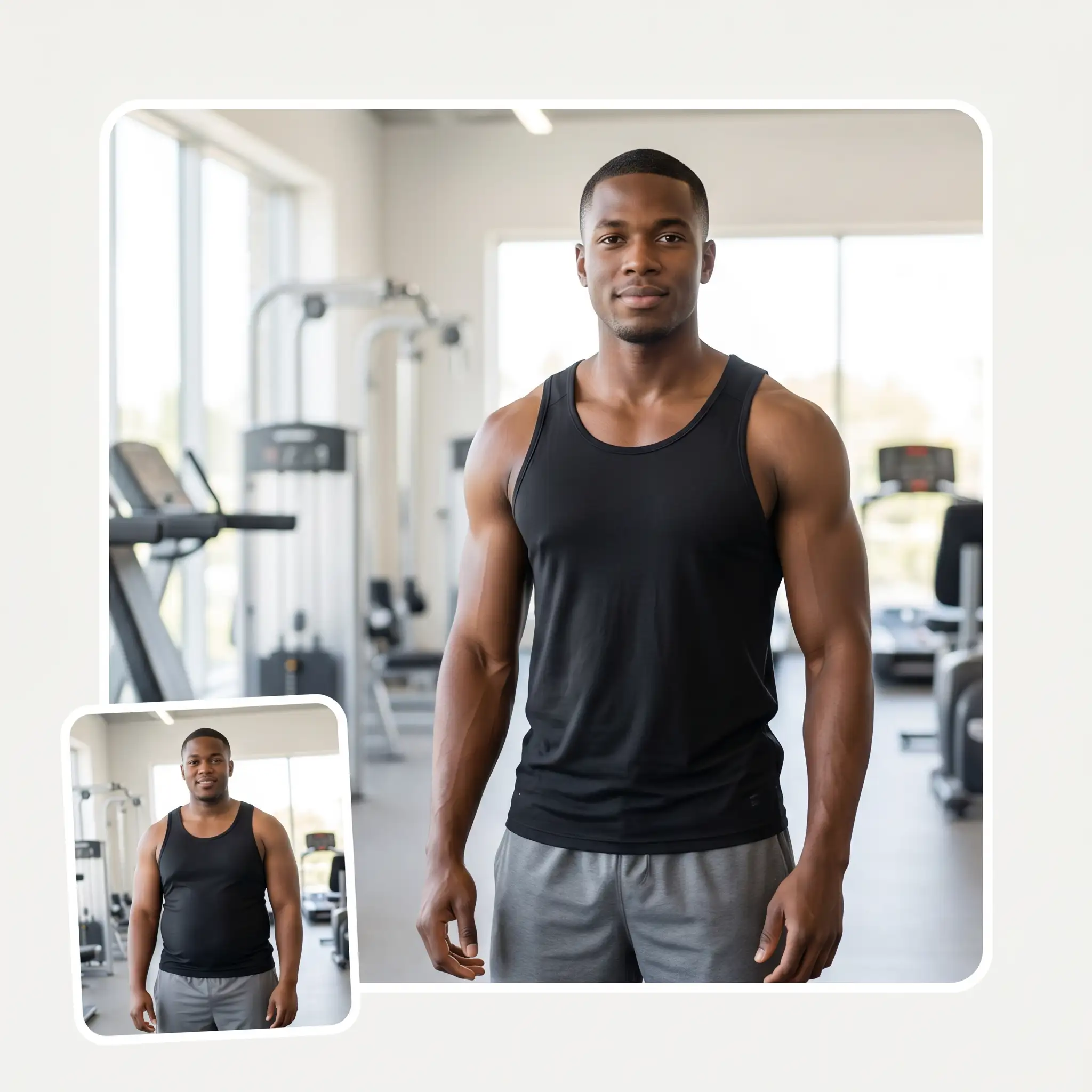 AI skinny filter turning an overweight gym photo into a fit toned physique of the same man