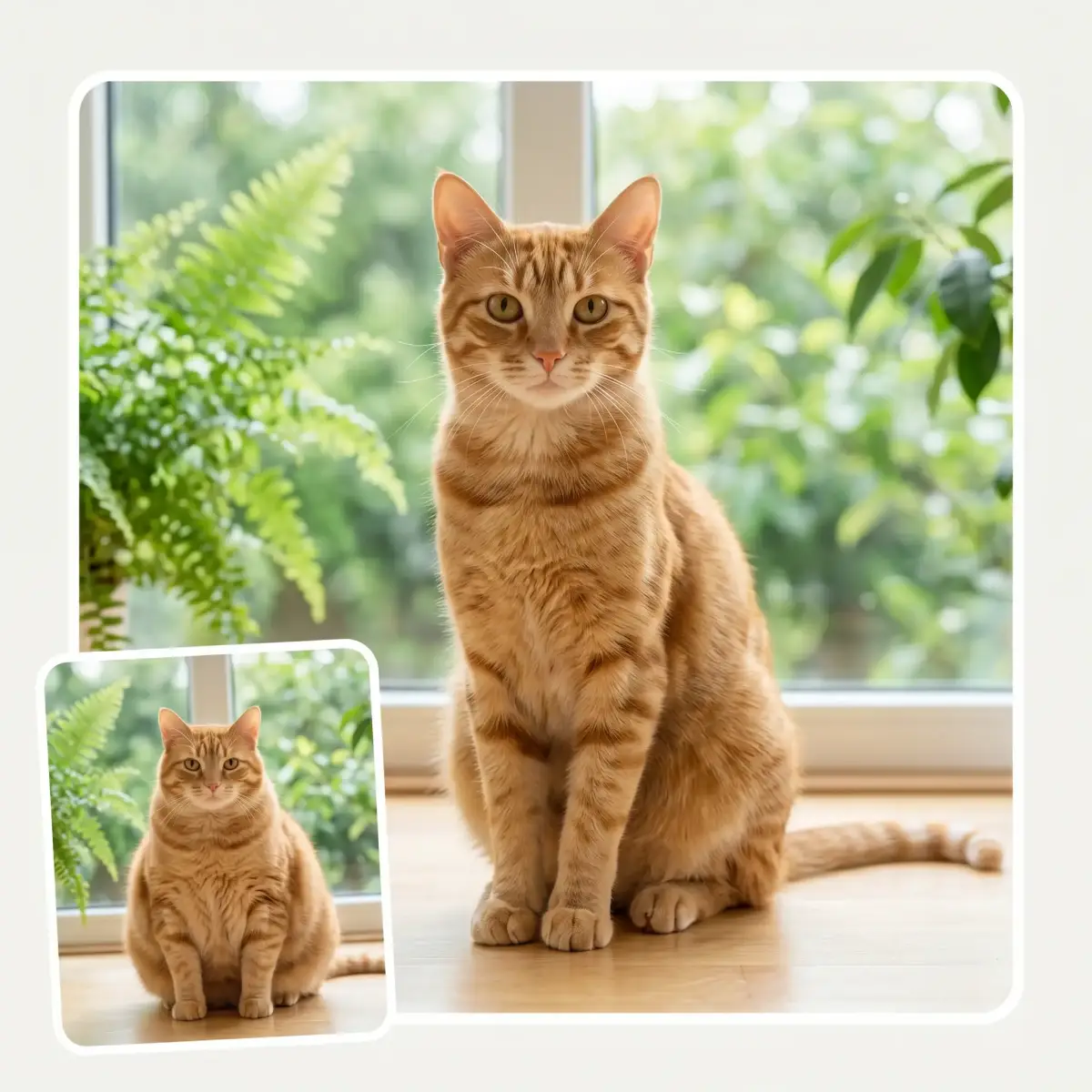 AI skinny filter slimming a fat orange tabby cat into a lean version, just for fun
