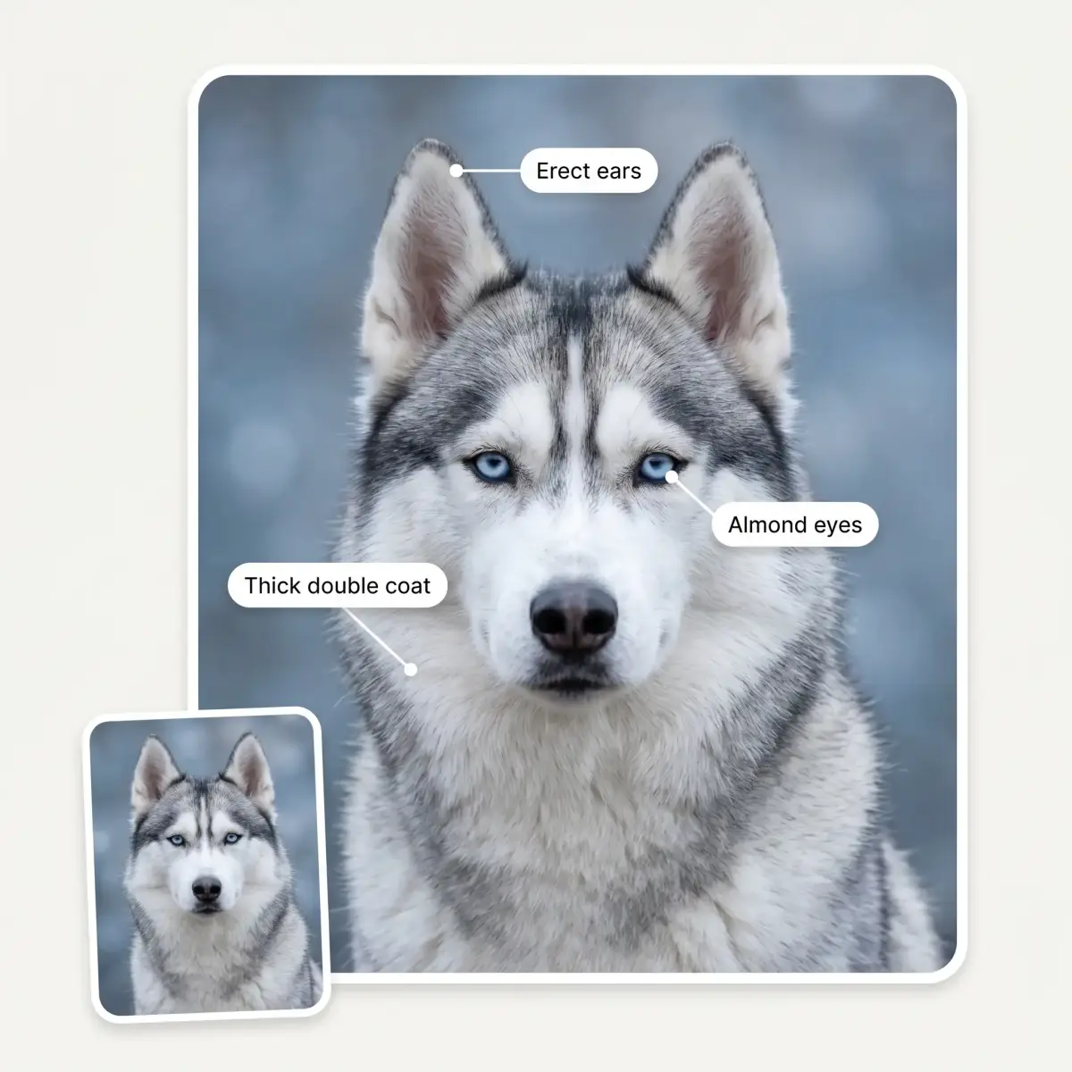 AI dog breed identifier reading a Husky's breed-defining features: erect ears, thick double coat, almond eyes