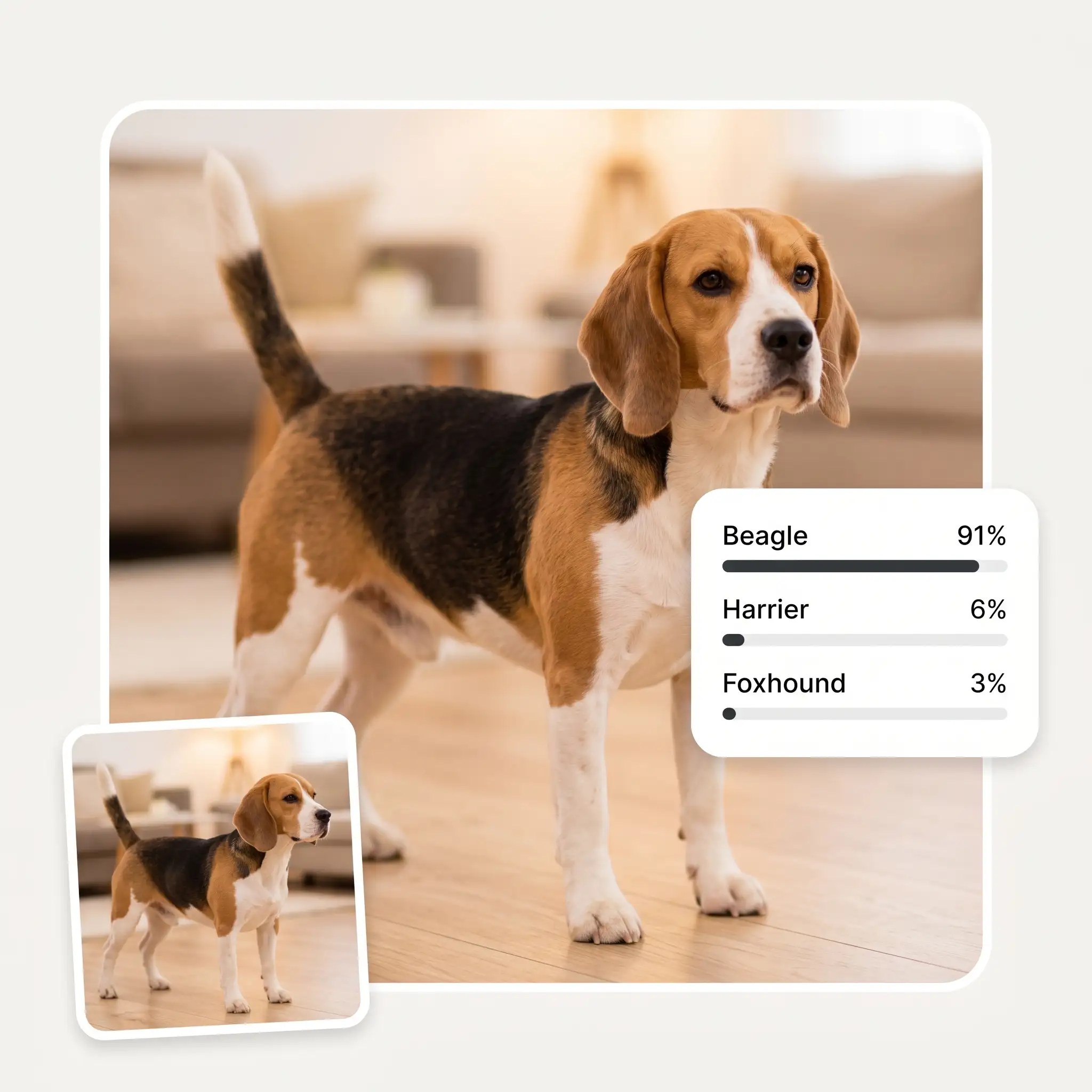 AI dog breed identifier showing a ranked breed shortlist with confidence scores for a Beagle