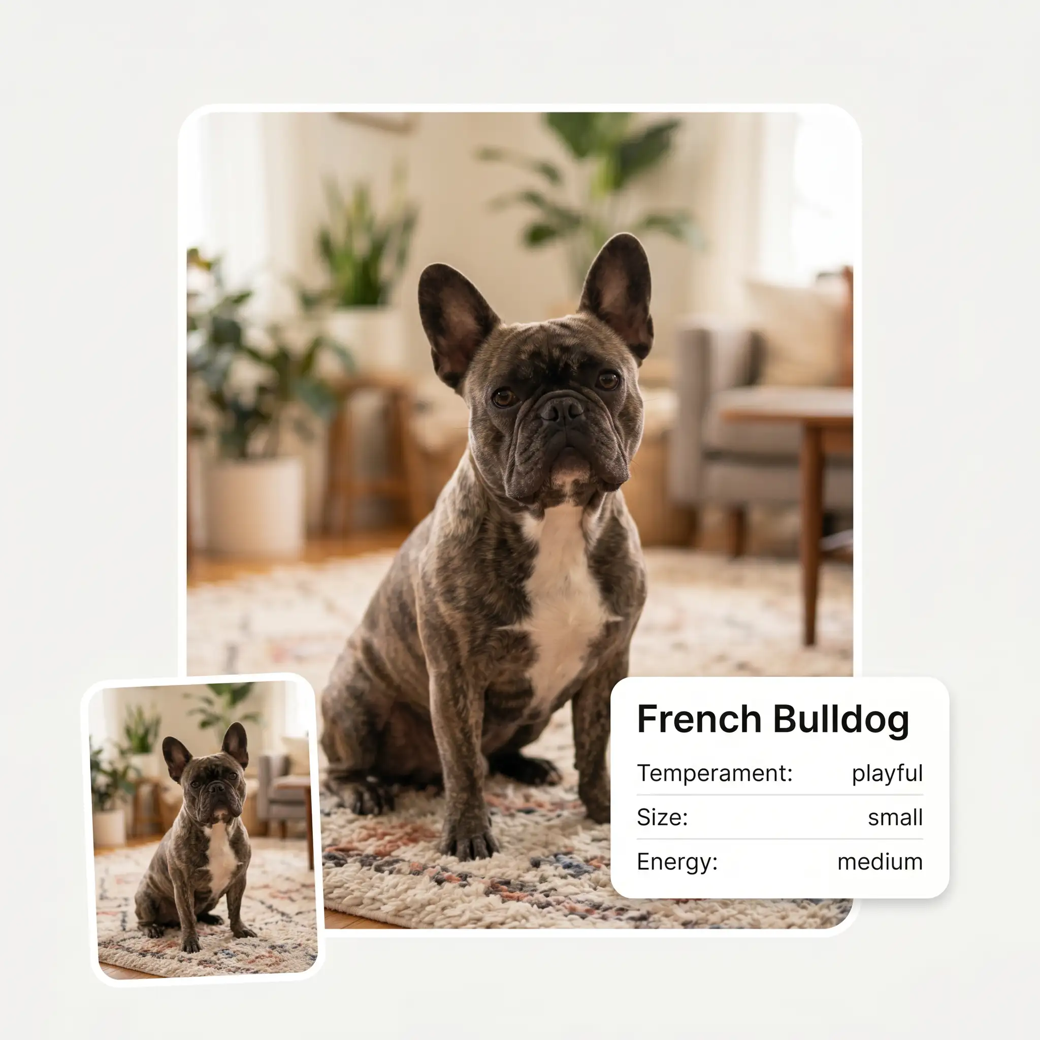 AI dog breed identifier showing temperament, size, and energy traits for a French Bulldog