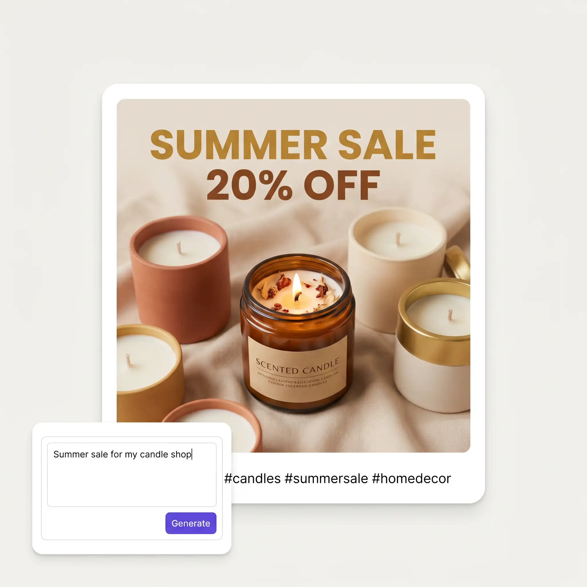 AI Instagram Post Generator turning a text prompt into a finished candle-sale post with caption and hashtags