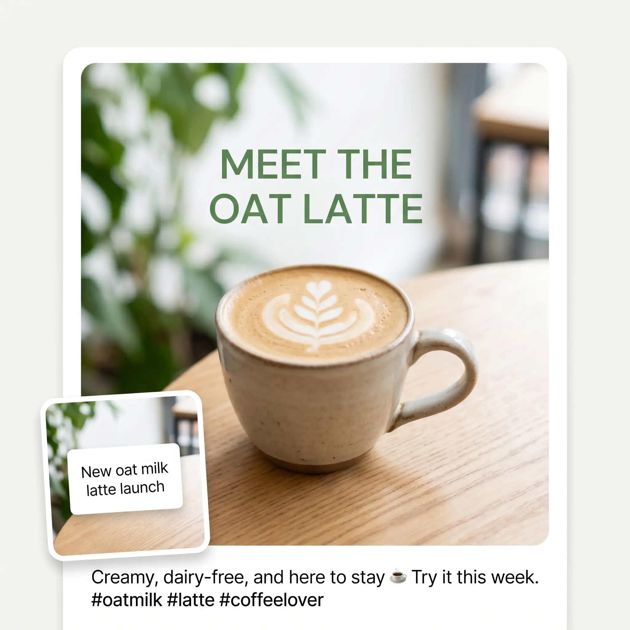 AI Instagram Post Generator creating a matching visual and caption together for an oat latte post
