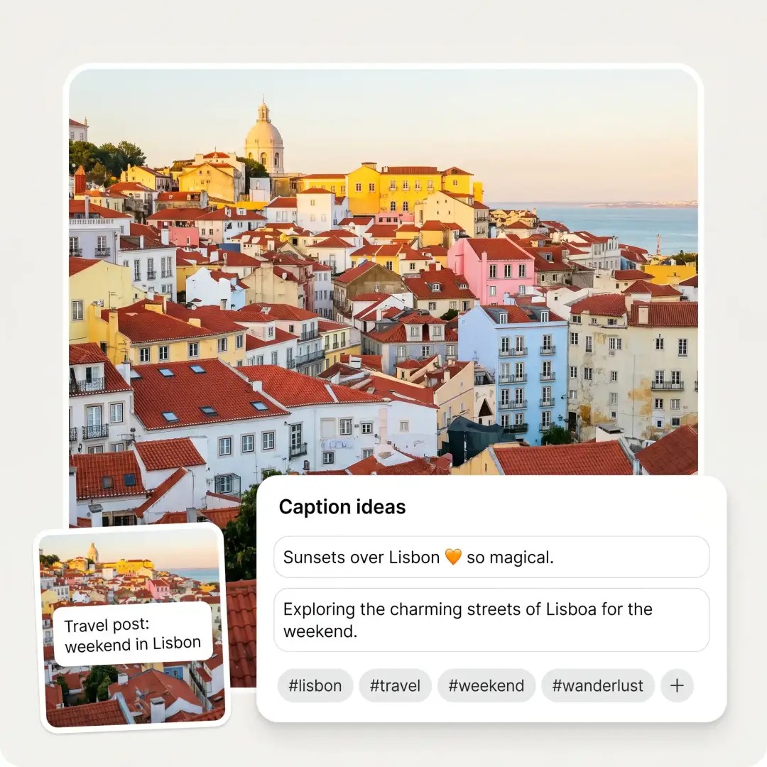 AI Instagram Post Generator suggesting caption ideas and hashtags for a Lisbon travel post