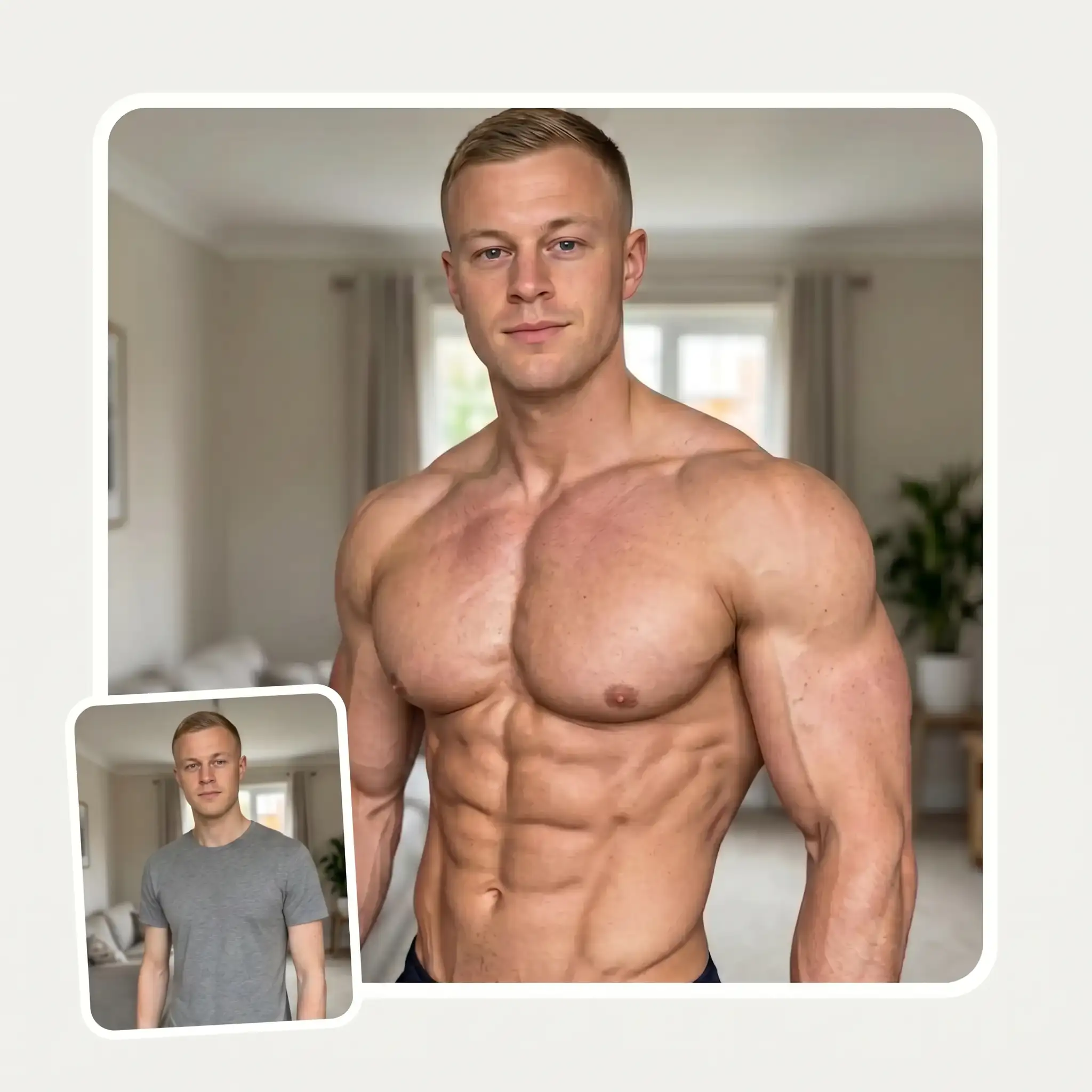 Overchat AI muscle up generator showing a before and after of a man
