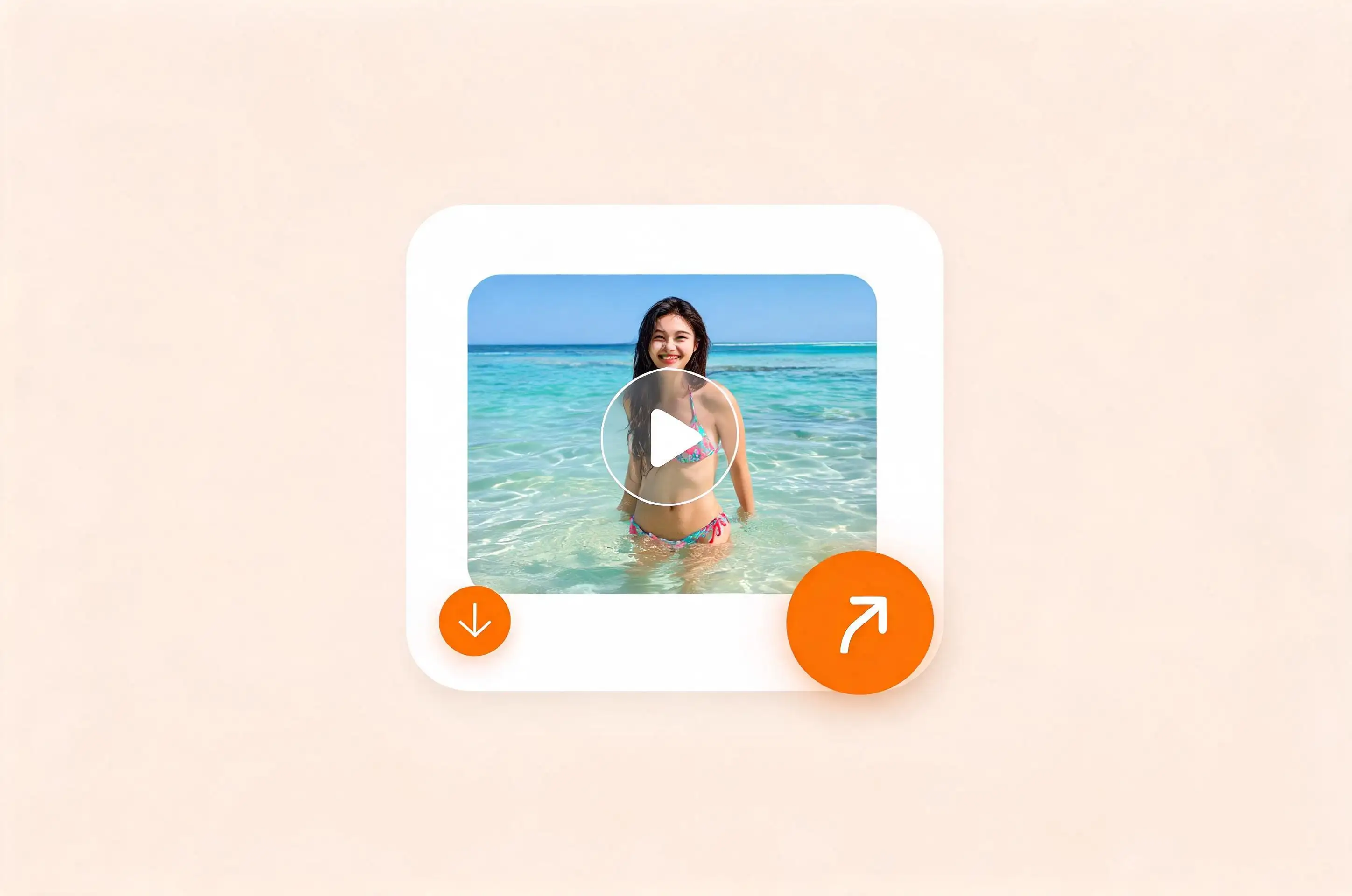 AI twerk video result of a woman on a beach with download and share buttons