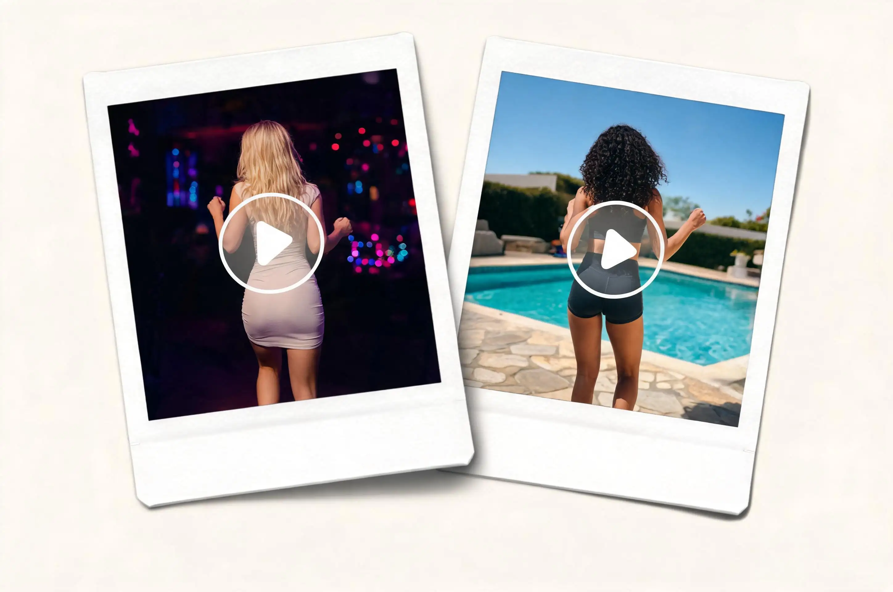Two AI twerk video examples of different people dancing in a club and by a pool