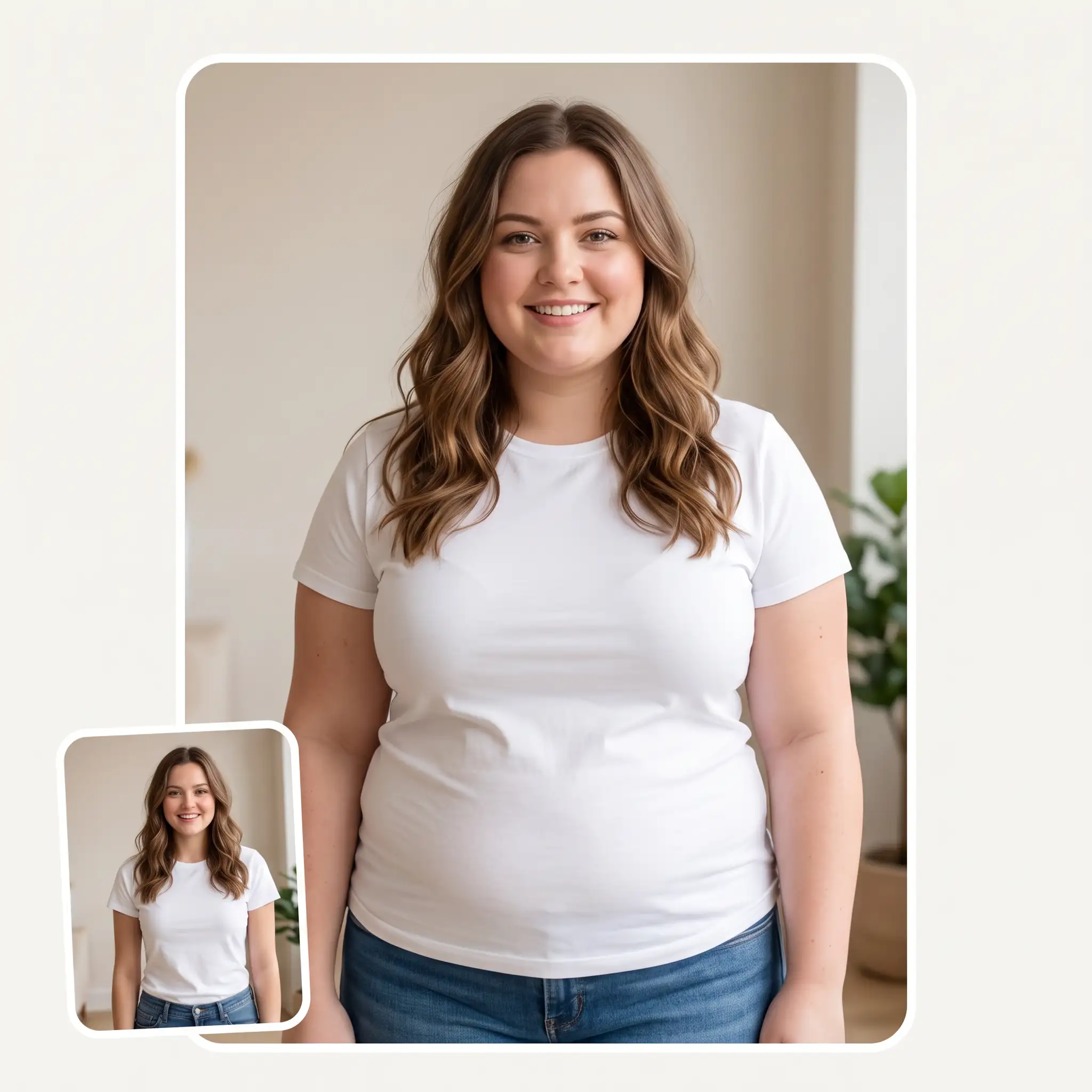 AI fat filter making a woman look chubbier and rounder while keeping the same face, outfit, and background
