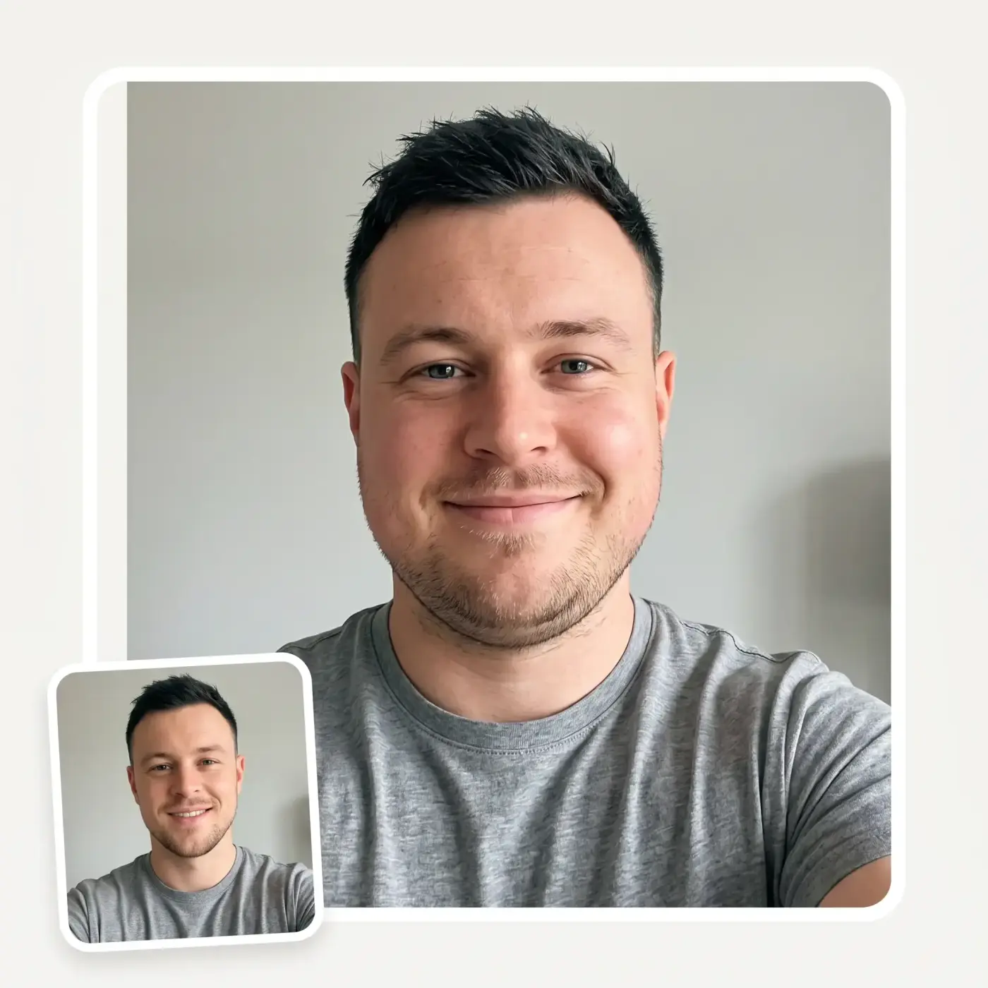 AI fat filter adding a fuller face and double chin to a man's selfie while keeping his features the same