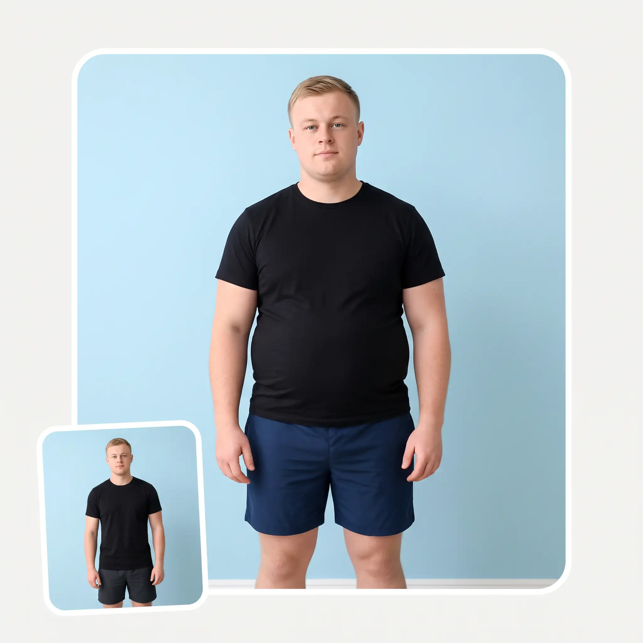 AI fat filter before and after full-body comparison making the same man look heavier in the same outfit