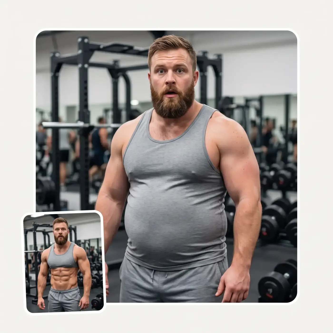 AI fat filter turning a fit gym physique into a pudgy rounder version of the same man, just for fun