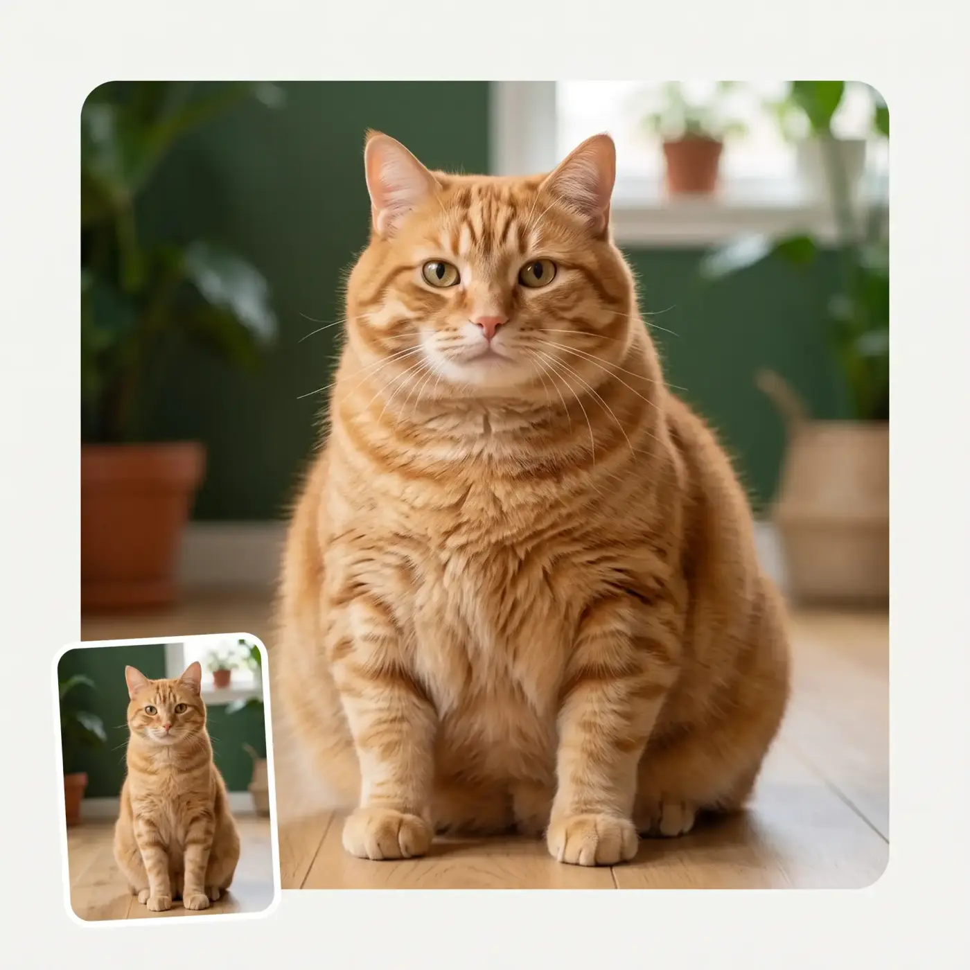 AI fat filter turning a normal orange tabby cat into a gloriously chonky version, just for fun