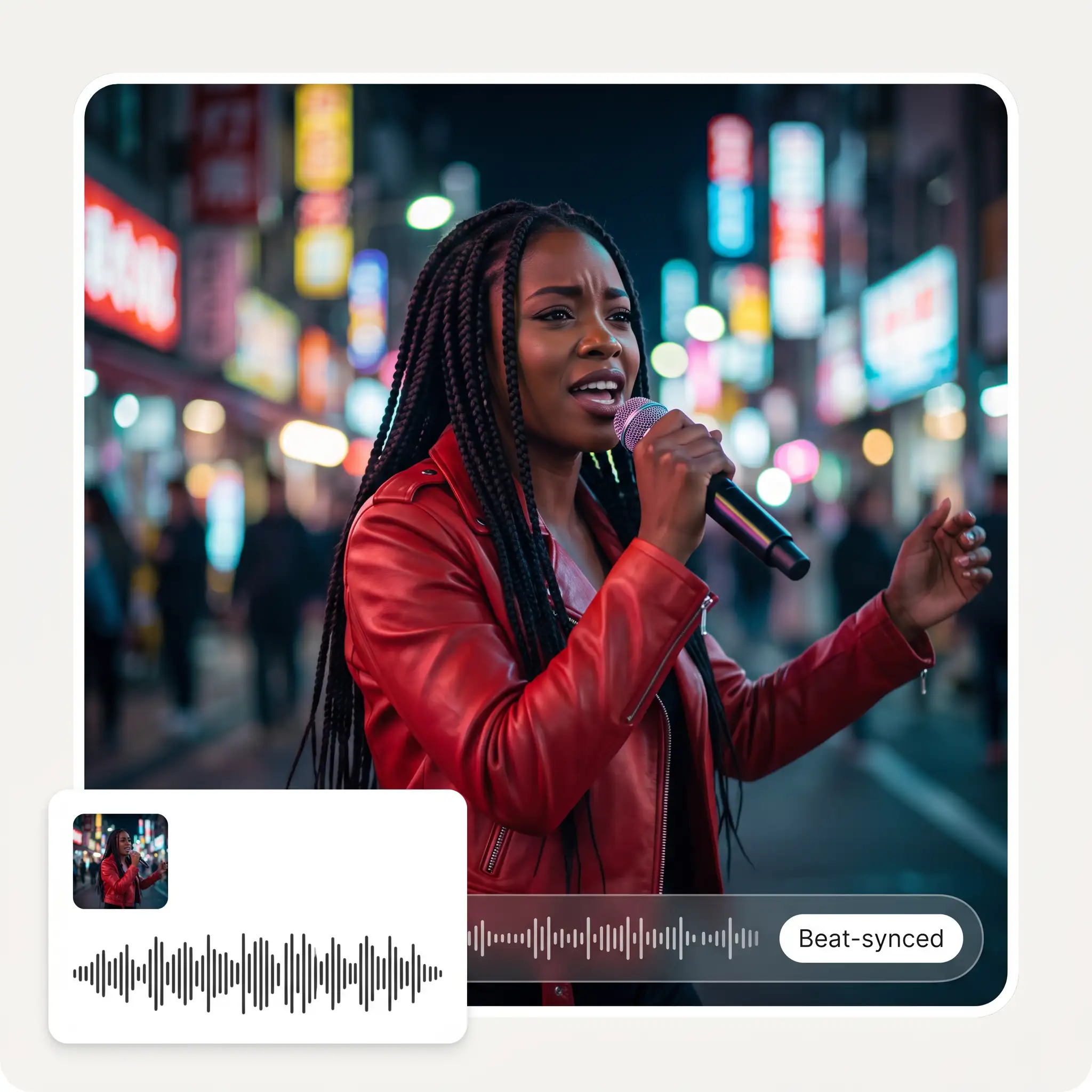 AI music video generator turning a song into a beat-synced music video of a singer on a neon street