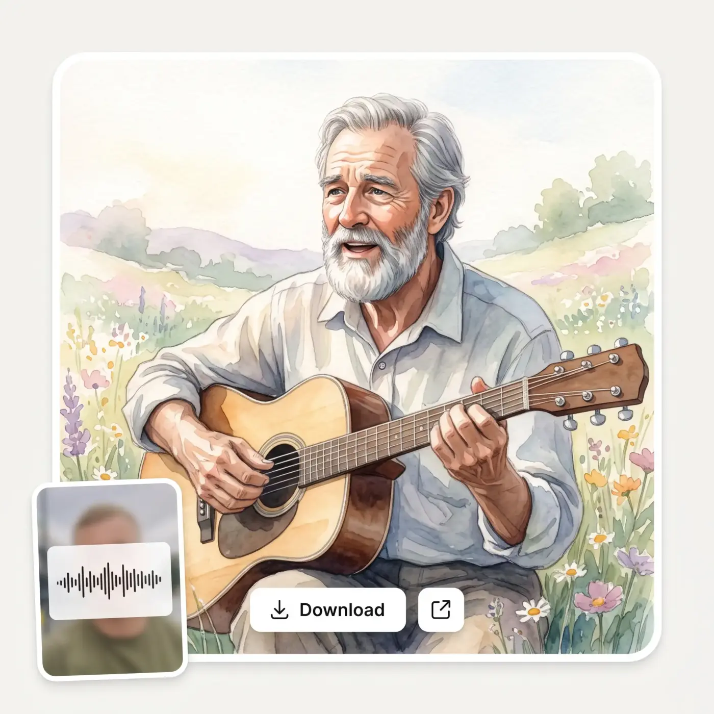 A finished AI music video result with download and share buttons, rendered in a watercolor style