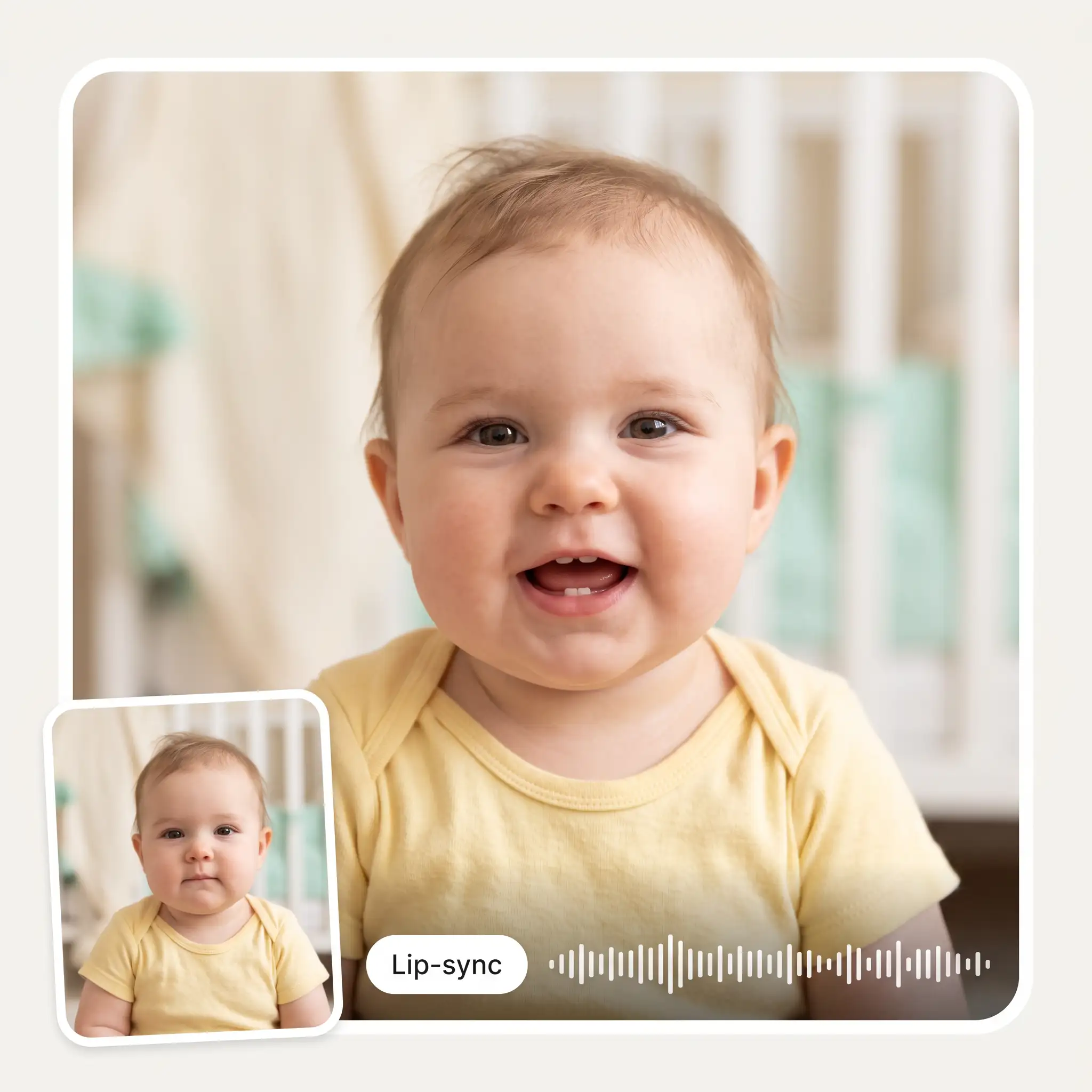 AI talking baby video generator turning a baby photo into a talking video with lip-sync and a voice waveform