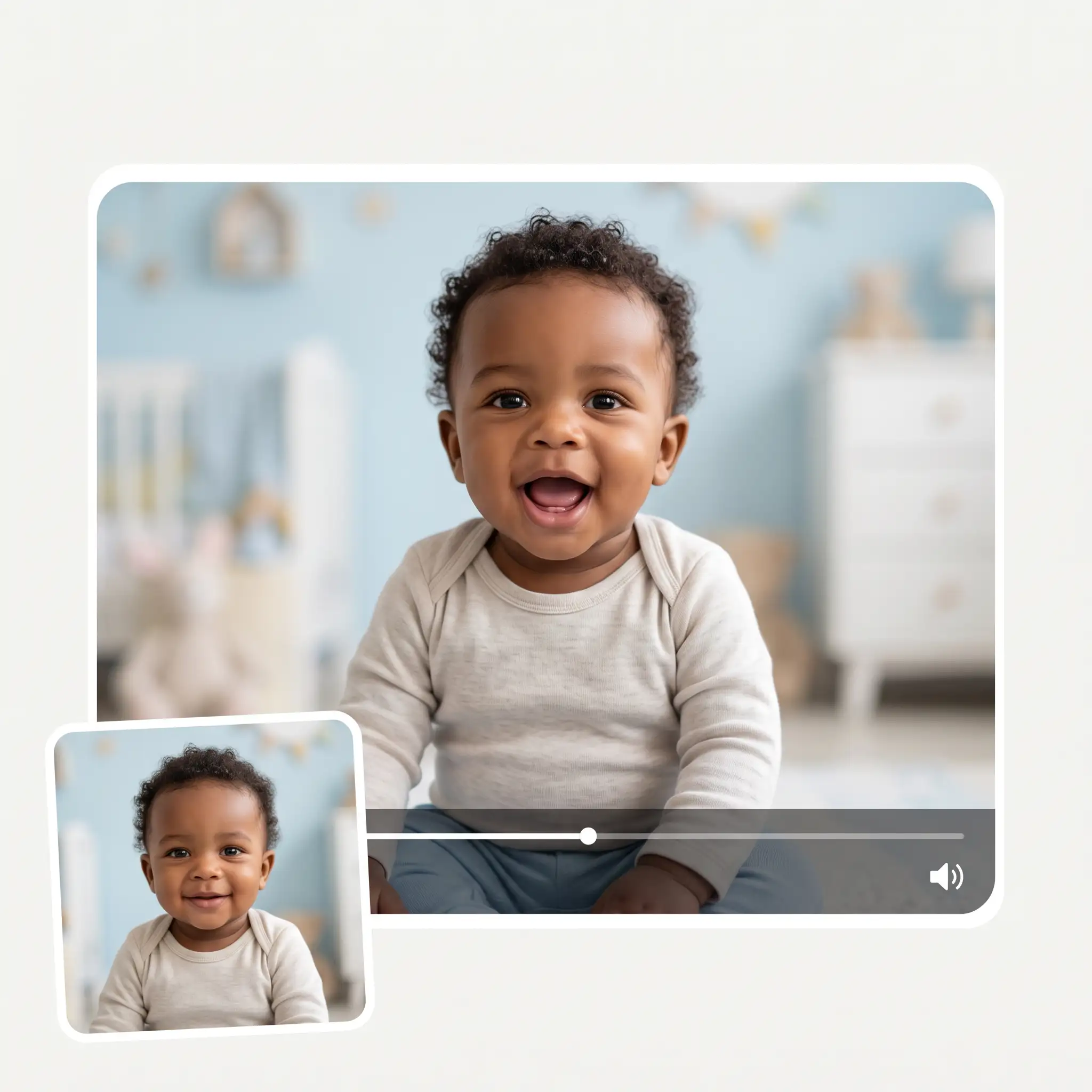 A talking baby video playing in a video player, generated from an uploaded baby photo