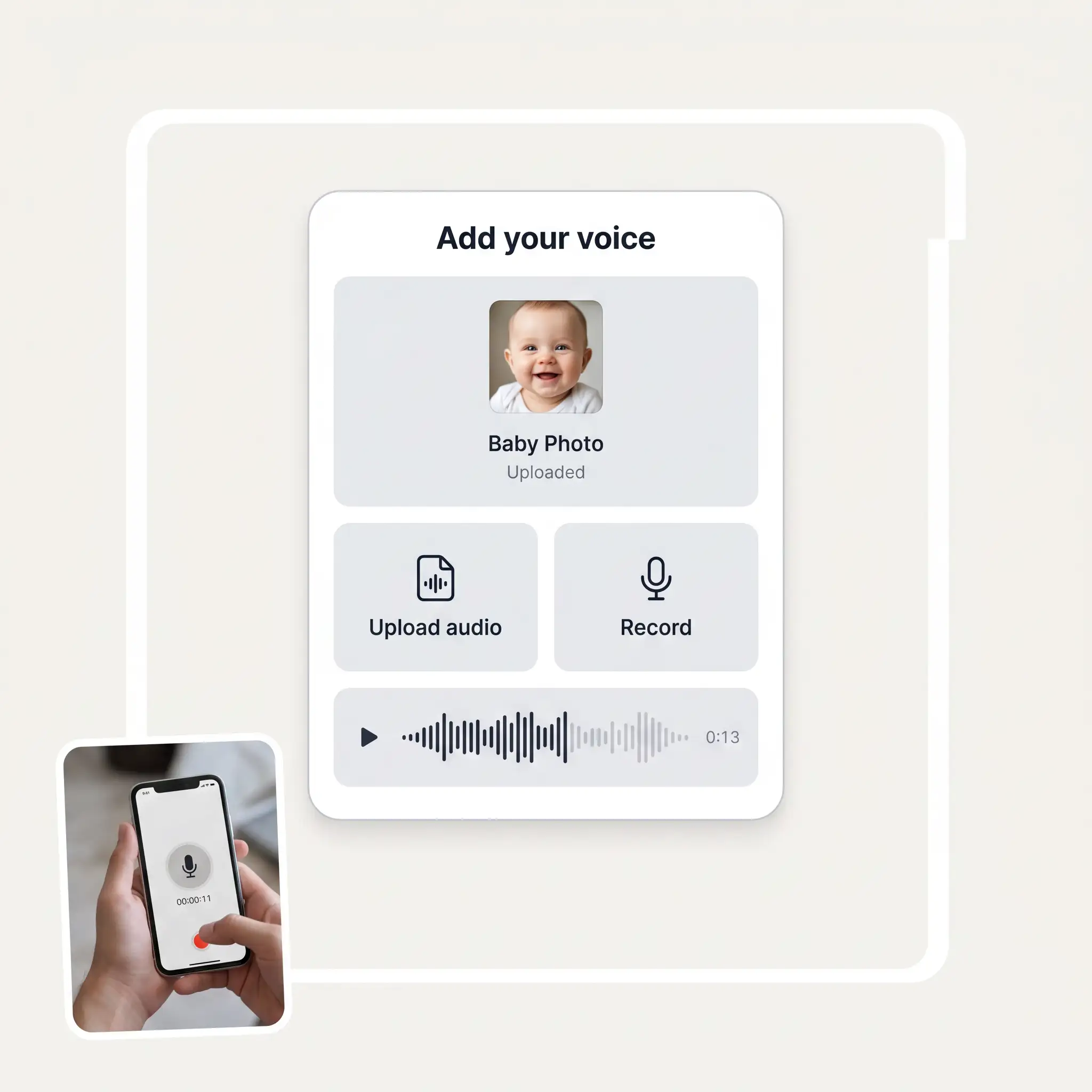 Adding your voice to the AI talking baby video generator by uploading audio or recording a clip