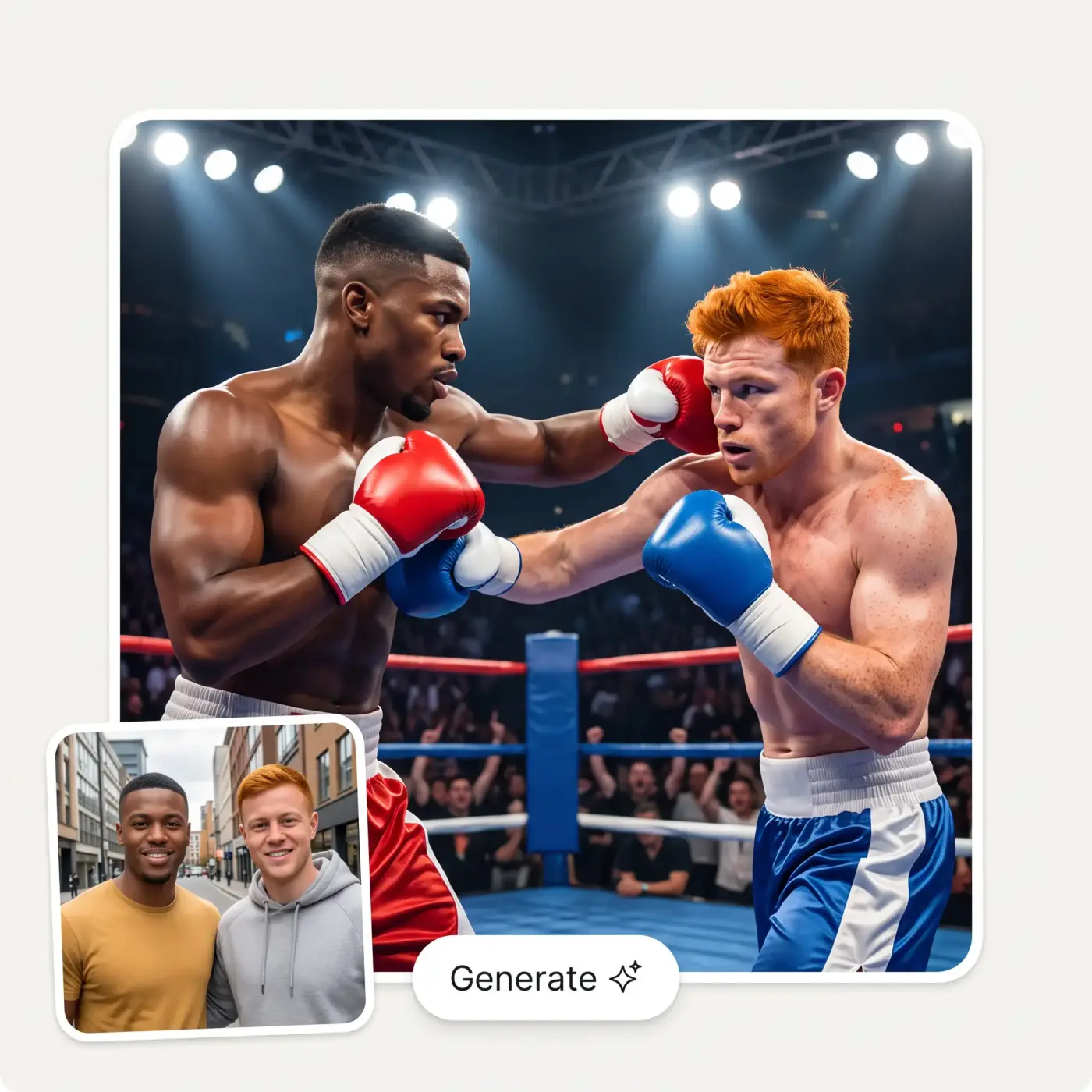 AI fight video generator turning a photo of two friends into a boxing match video