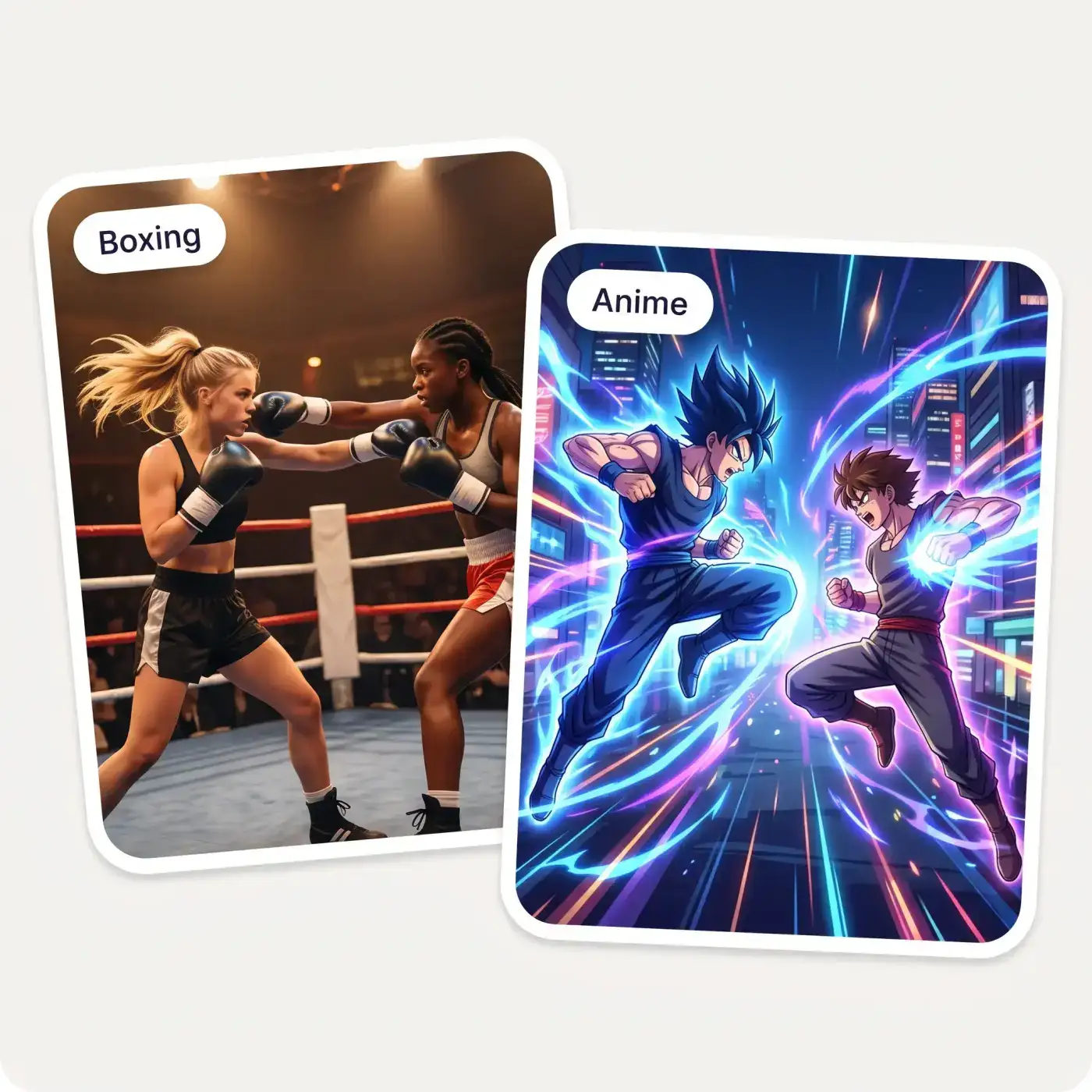Two AI fight video examples, a boxing match and an anime-style battle