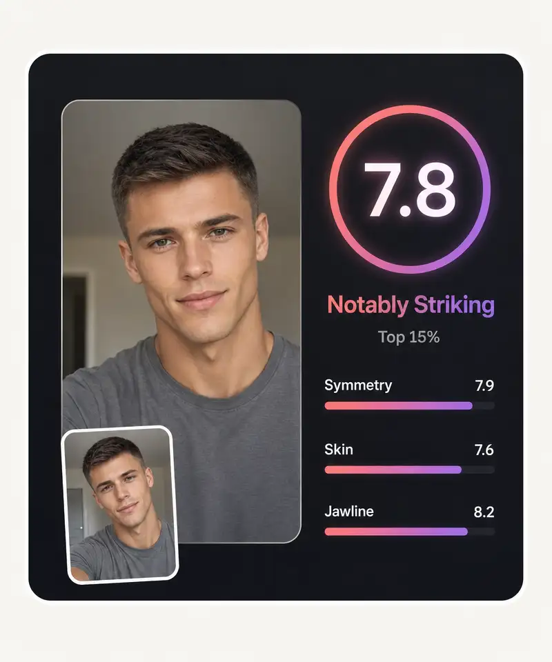 AI attractiveness test score card showing a 7.8 rating with symmetry, skin and jawline scores