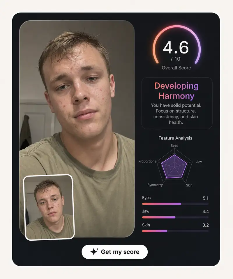 Honest AI attractiveness test result showing a low 4.6 out of 10 score with feature analysis and skin rated 3.2