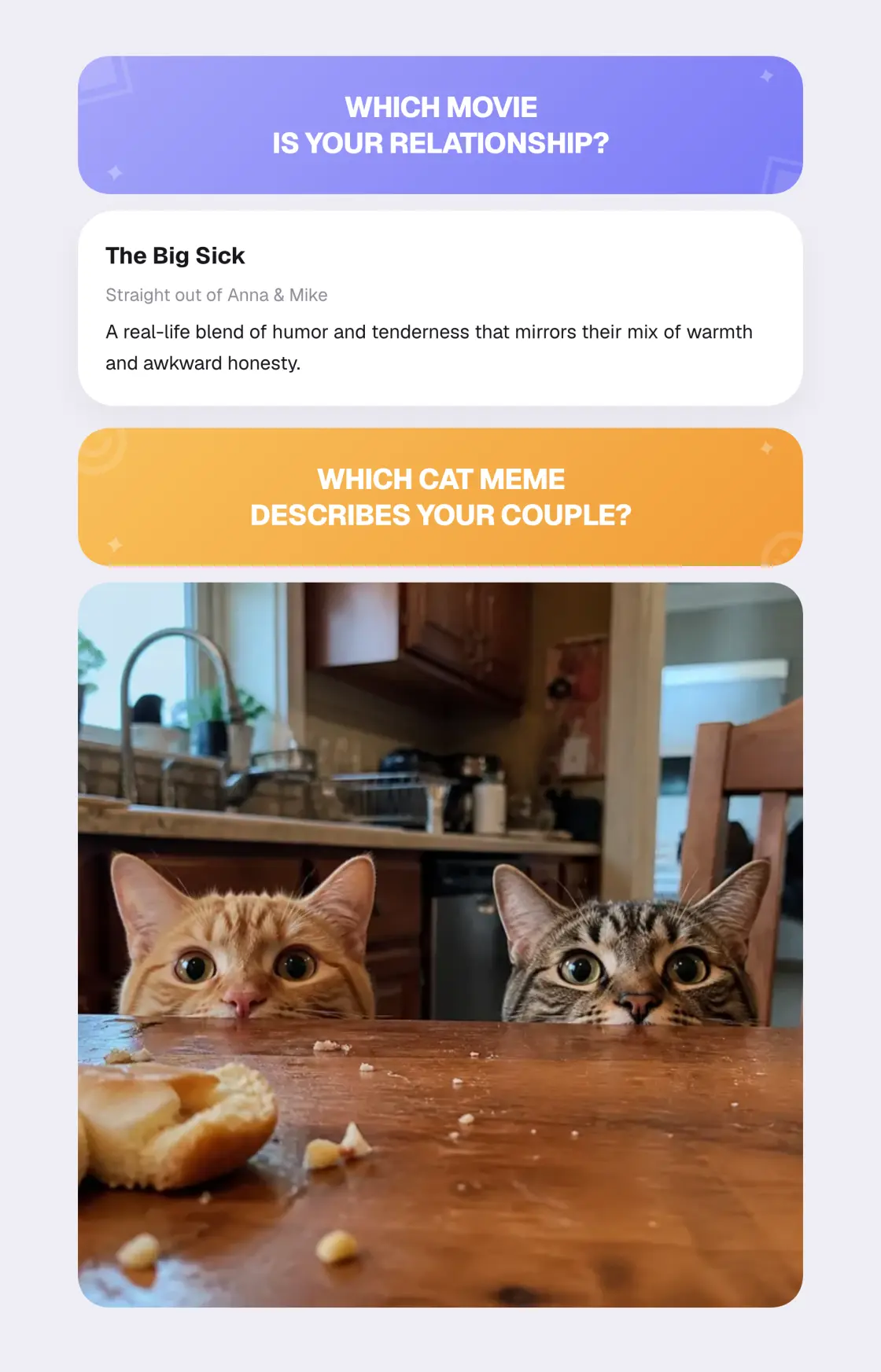 Couples quiz results naming which movie and which cat meme describe the relationship