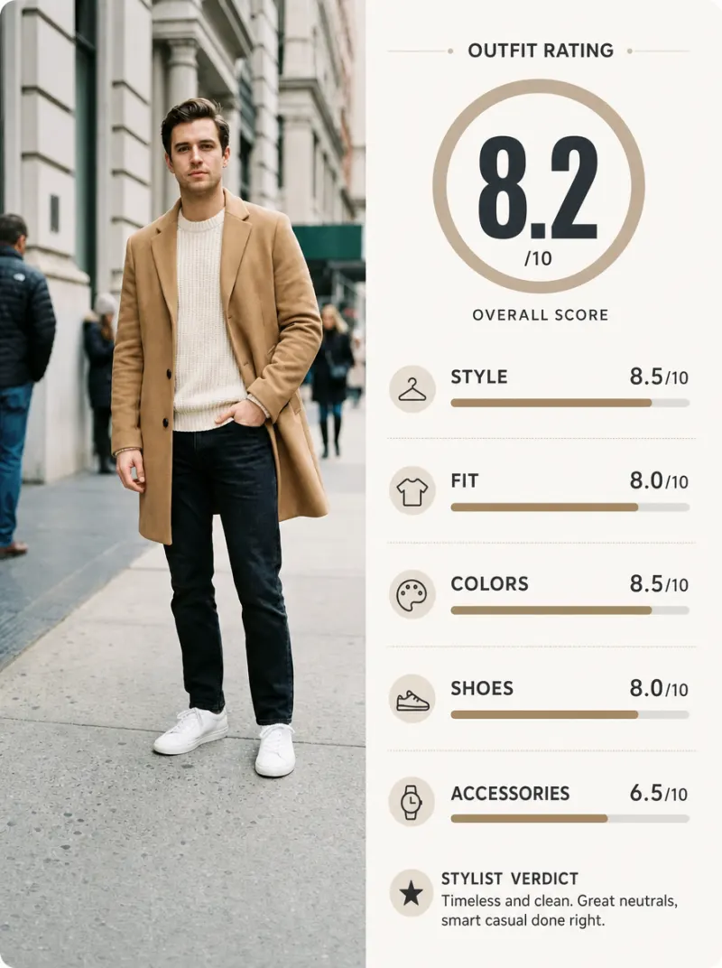 Free AI outfit rating result generated on the page: 8.2 out of 10 with five sub-scores and a stylist verdict
