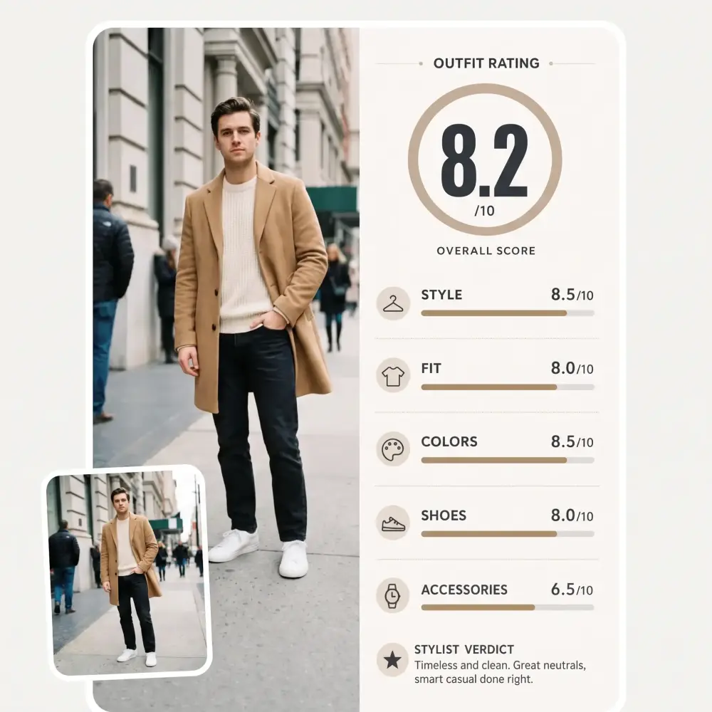 AI outfit rater turning a street photo into an outfit rating scorecard with an 8.2 out of 10