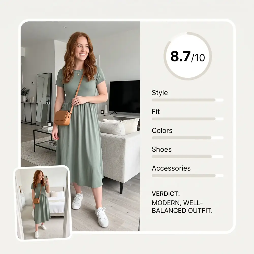 Outfit rating scorecard for a sage-green dress with sub-scores for style, fit, colors, shoes and accessories