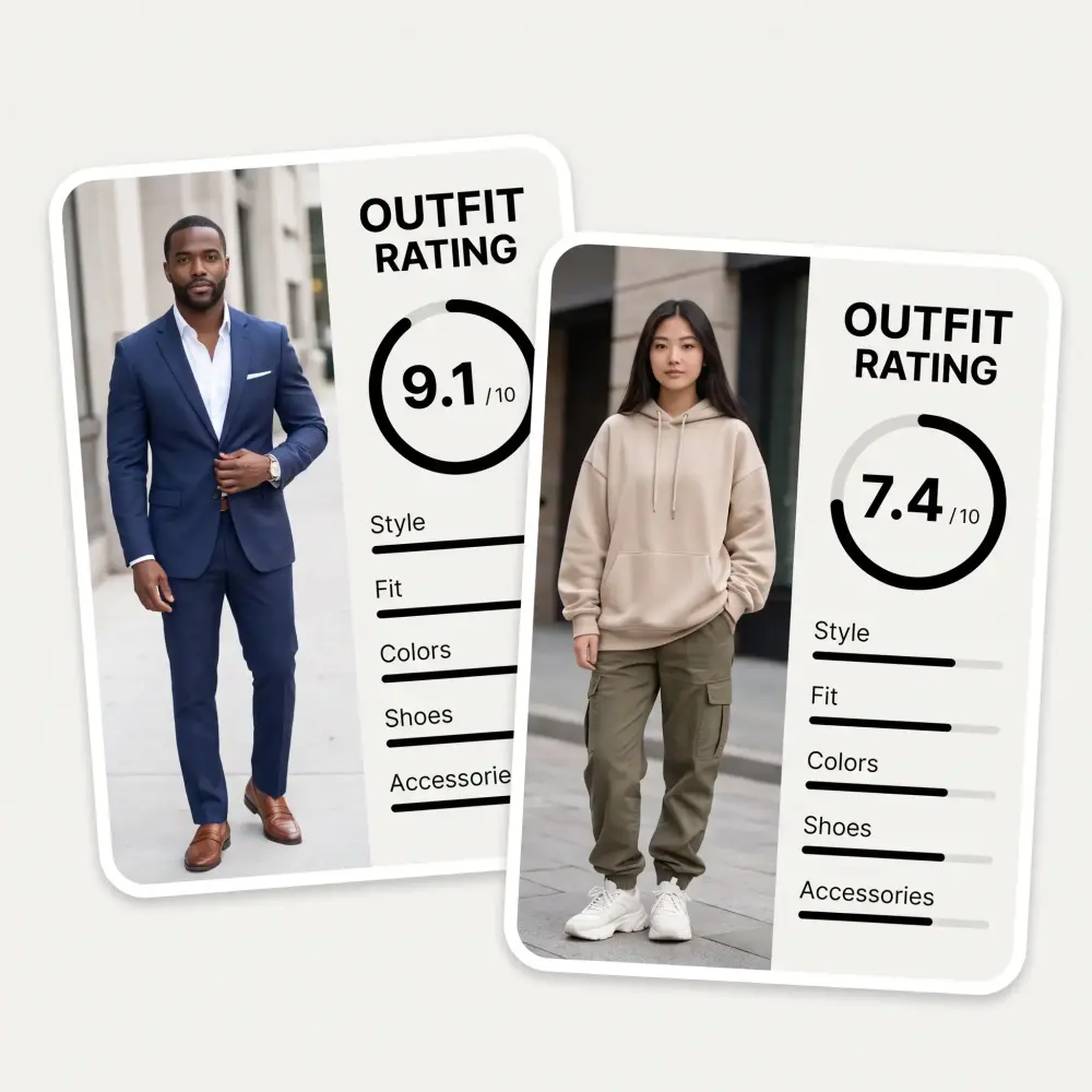 Two AI outfit rating scorecards side by side: a navy suit rated 9.1 and a streetwear look rated 7.4