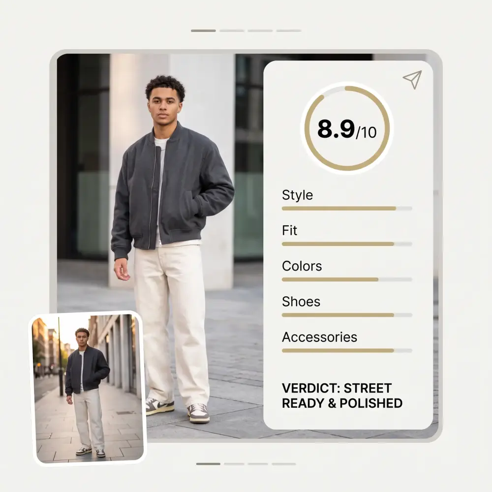 Shareable outfit rating card for a streetwear look scored 8.9 out of 10