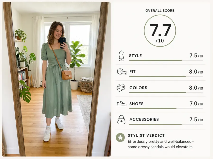 AI outfit rating scorecard example: midi dress look rated 7.7 out of 10