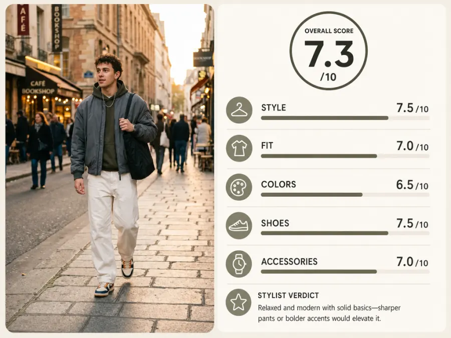 AI outfit rating scorecard example: streetwear look rated 7.3 out of 10