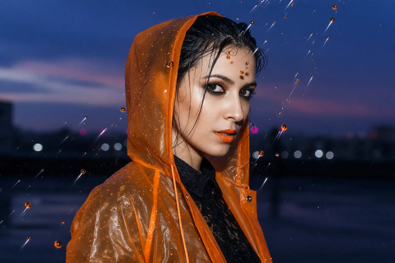 Editorial portrait generated with Grok Imagine Image 2 — woman in an orange raincoat in night rain