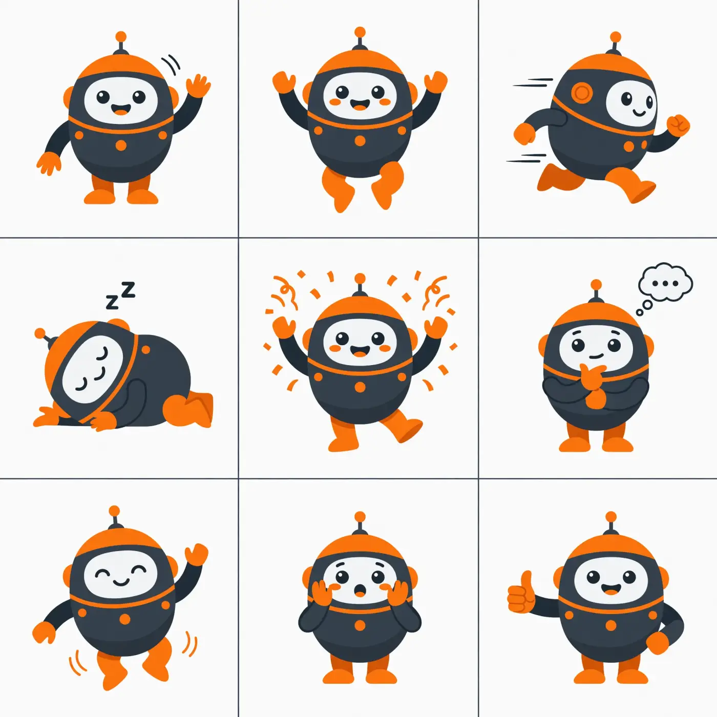 Character sprite sheet generated with Grok Imagine Image 2 — one robot mascot held consistent across nine poses