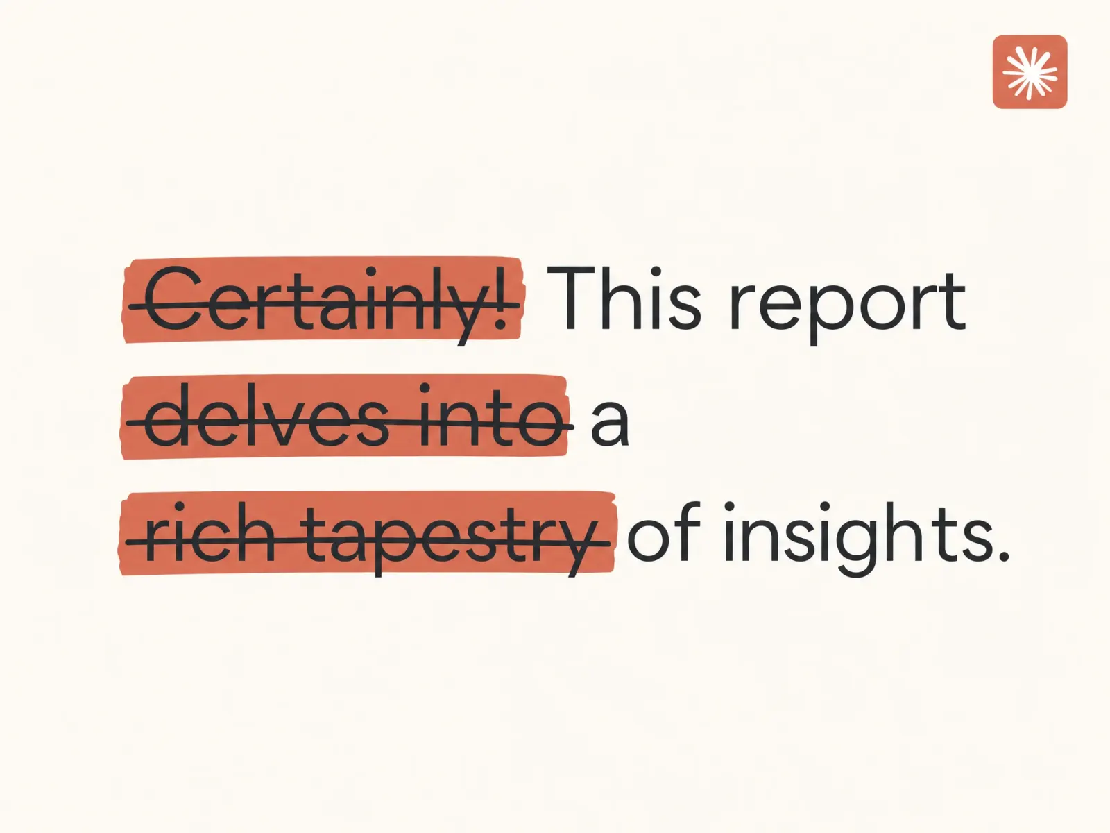 Illustration of Claude-style words highlighted in orange and crossed out — removing the AI watermark from text