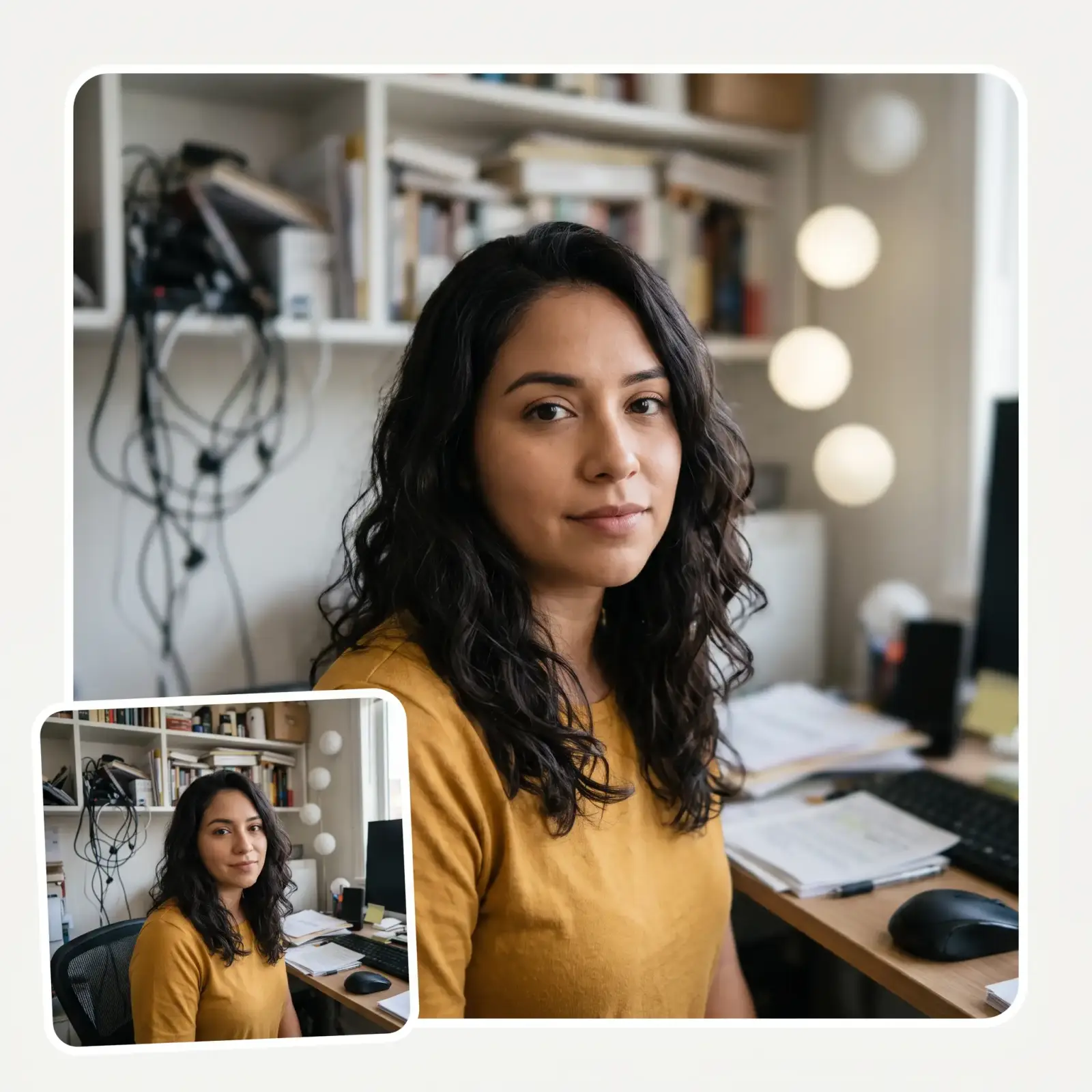 AI background blur before and after — sharp cluttered office turned into soft bokeh behind the subject