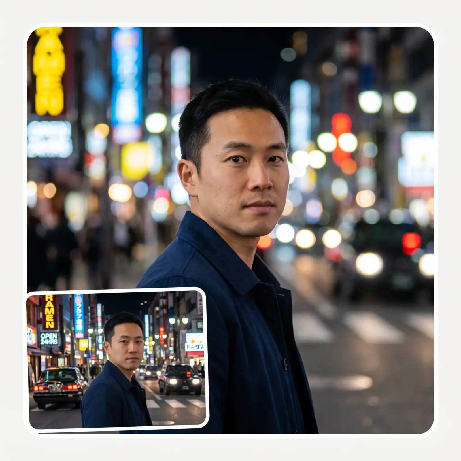 Night street portrait with city lights blurred into round bokeh discs by the AI background blur