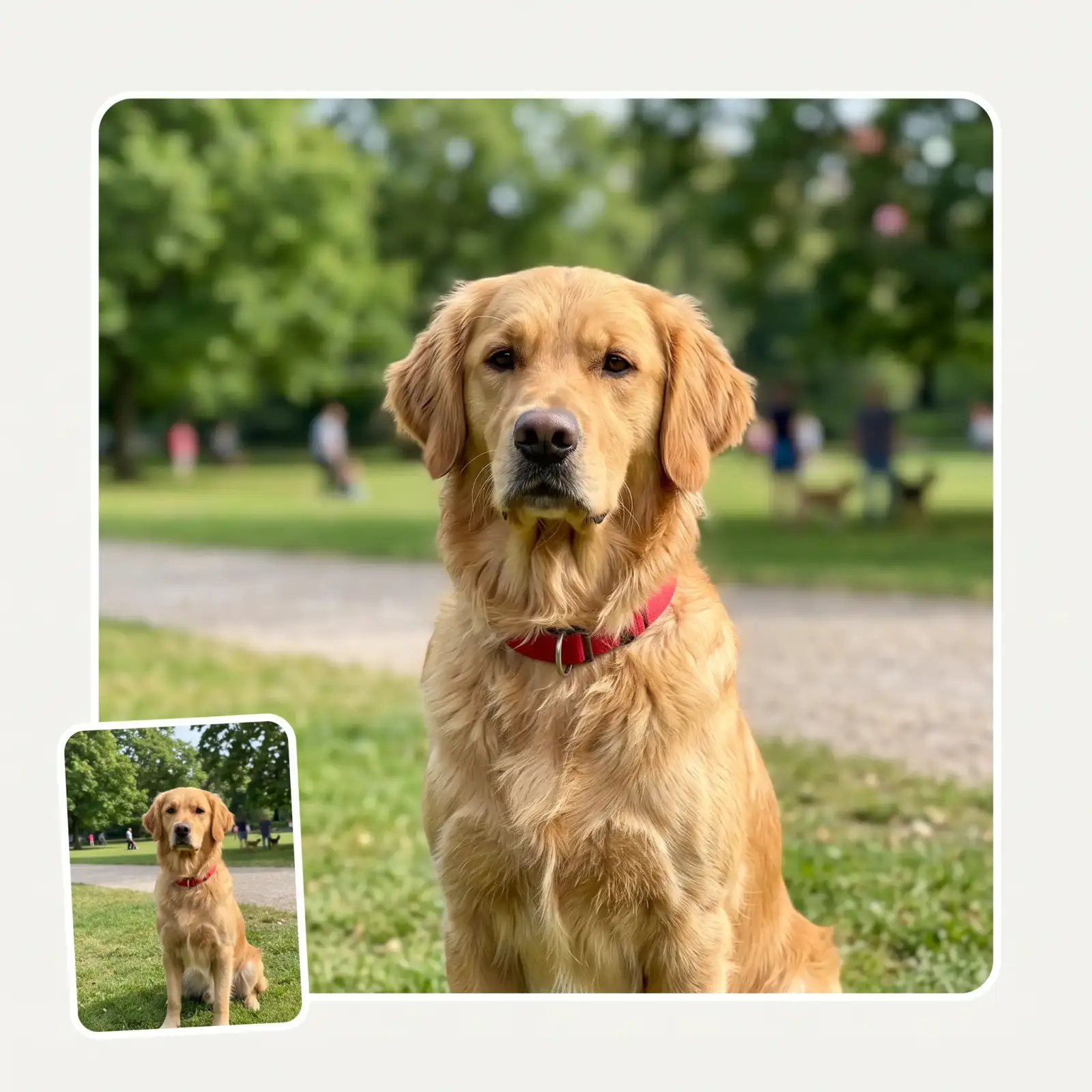 Dog photo with the park background blurred after the shot — portrait mode effect added by AI