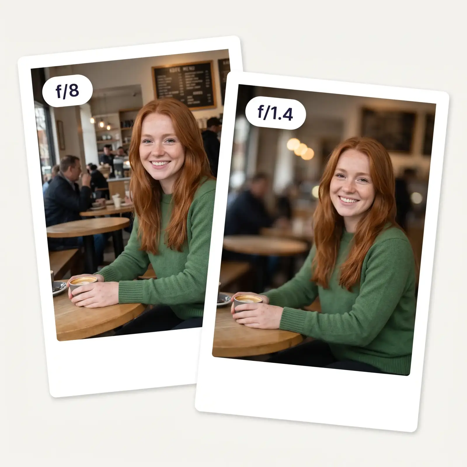 The same cafe photo rendered at f/8 and f/1.4 — comparing background blur strength by F-stop