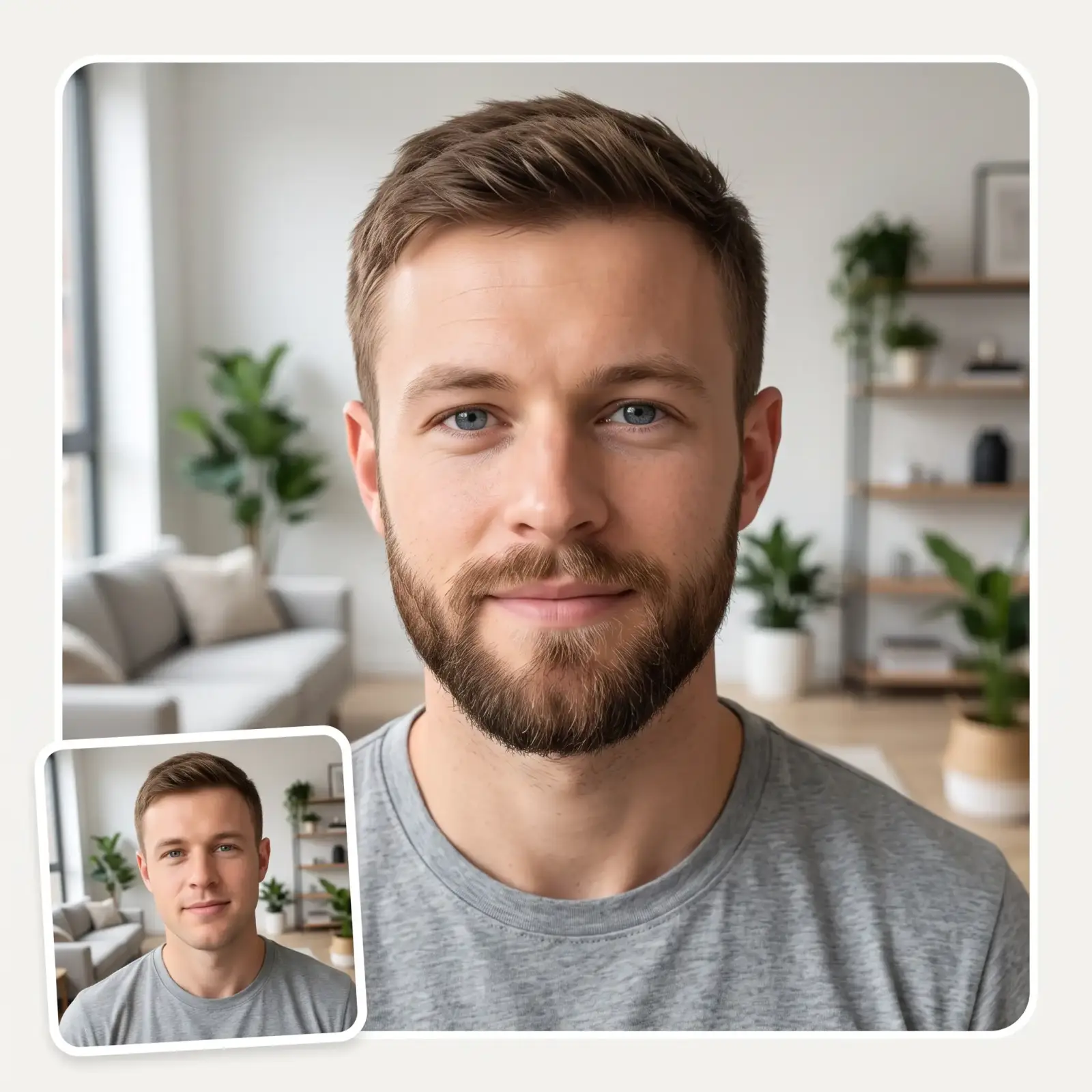 AI beard try on before and after — the same clean-shaven man rendered with a photorealistic full beard
