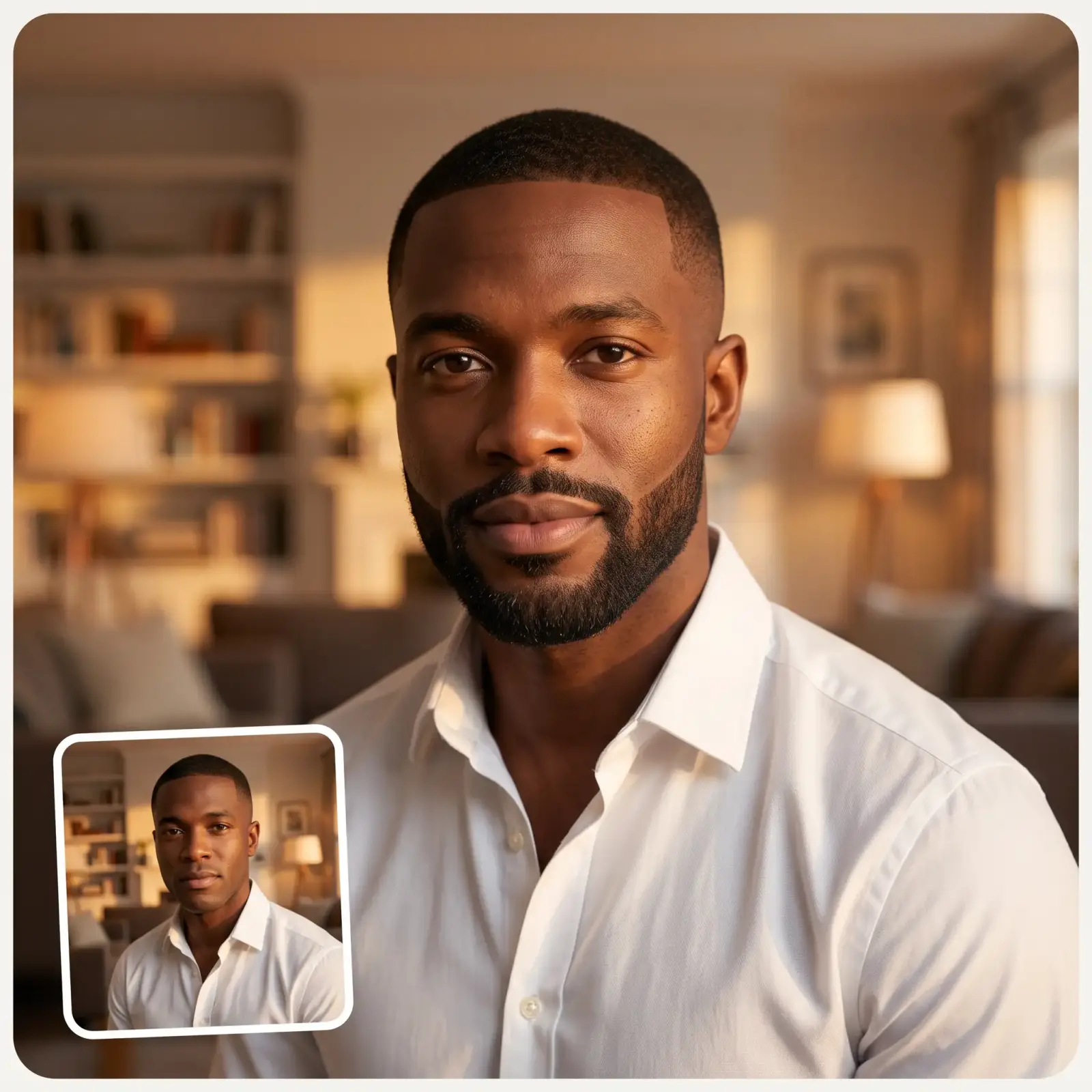 Beard filter result — a short boxed beard added to a clean-shaven man's photo, face unchanged