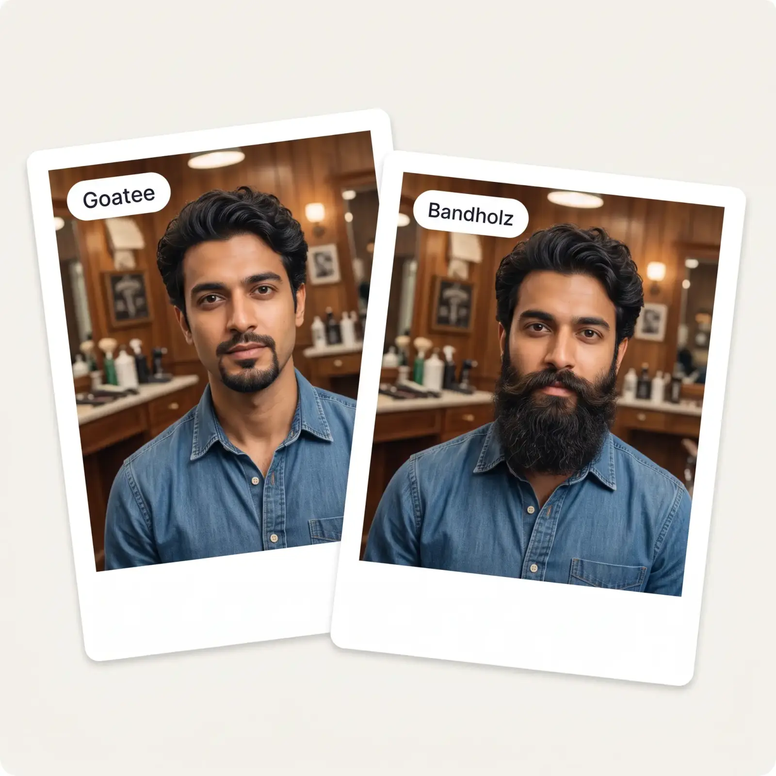 The same man trying on two beard styles with the AI — a goatee and a full Bandholz beard