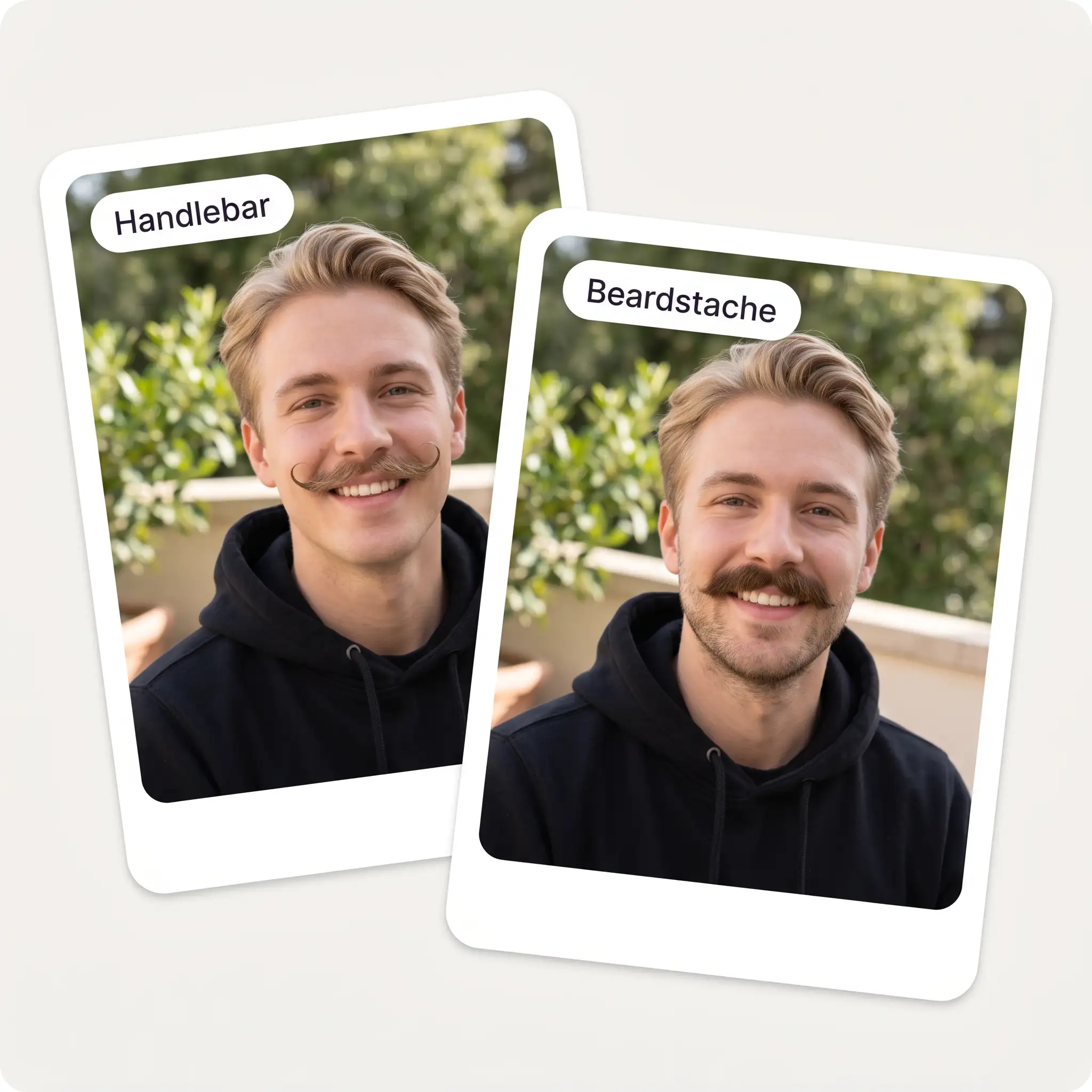 Mustache try-on comparison — the same man with a handlebar mustache and a beardstache