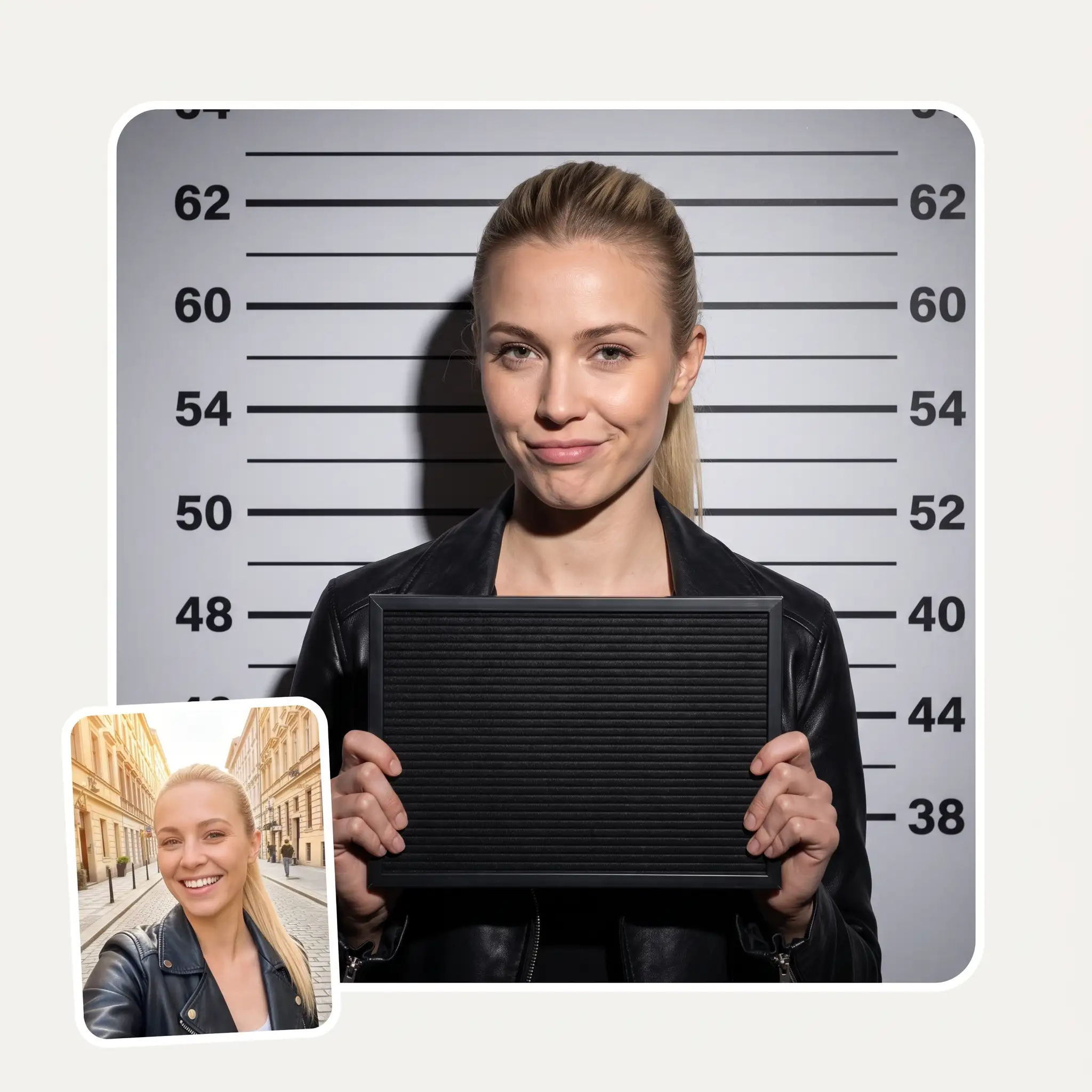 AI mugshot generator before and after — a casual selfie turned into a booking photo with height chart and placard