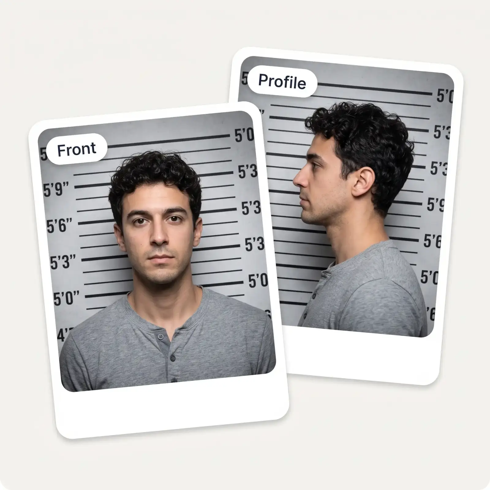 Front and profile fake mugshots of the same man against a height-chart wall